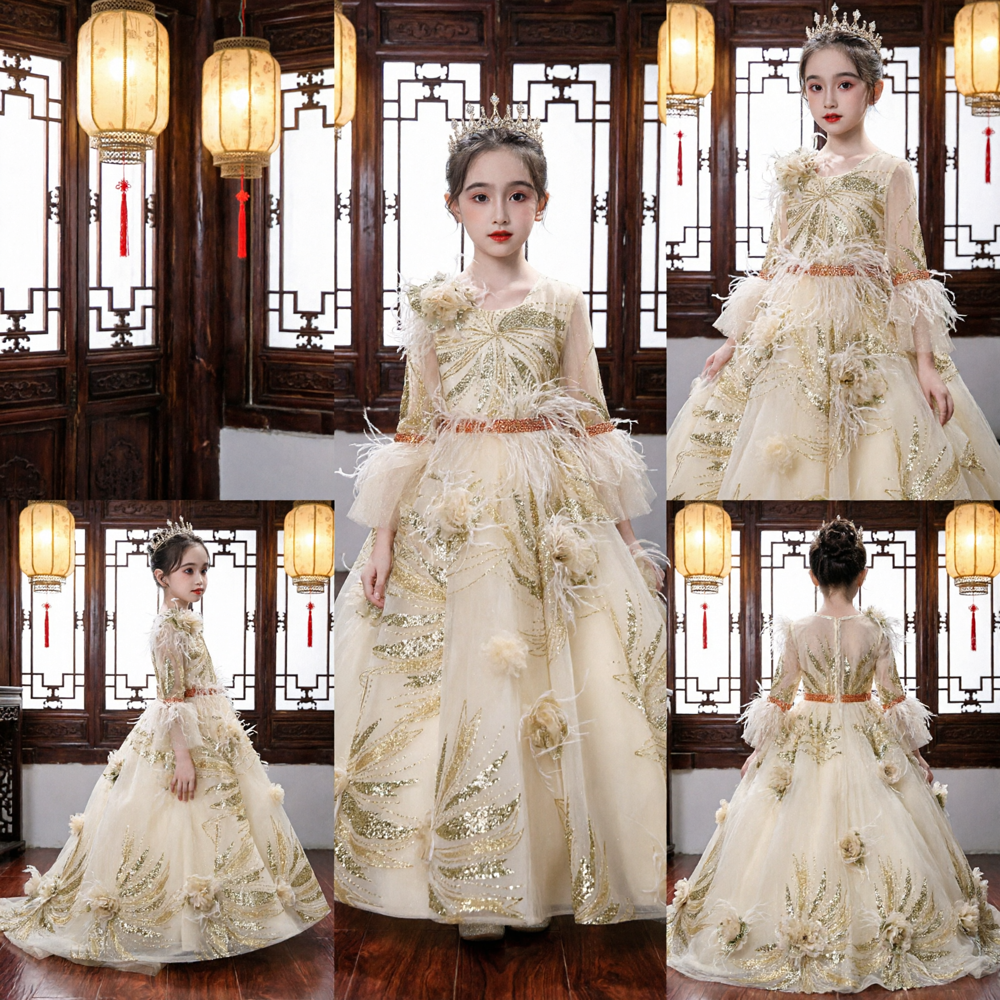 Luxury Gold Sequin Princess Dress for Girls Long Sleeve Feather Ball Gown Formal Wedding Pageant Party Costume - Asian Costume