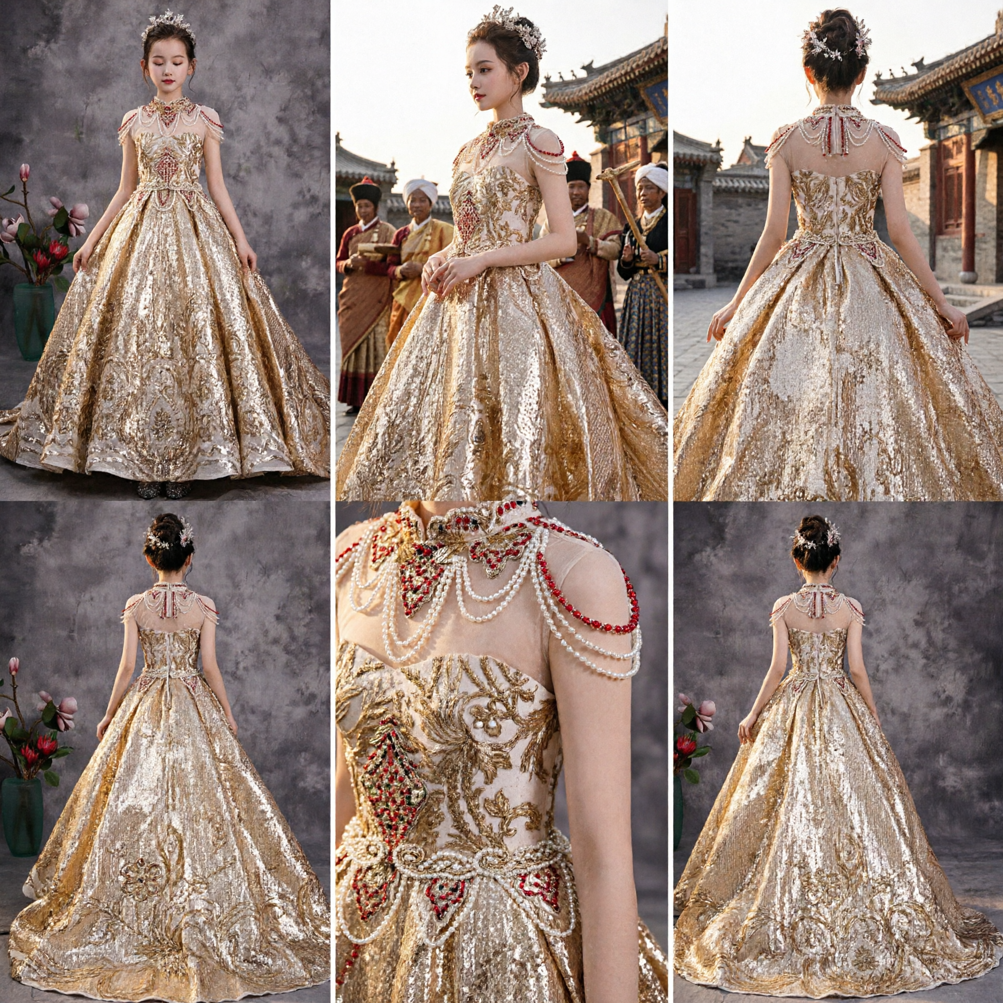 Girls Gold Jacquard Long Ball Gown Formal Evening Dress Kids Princess Wedding Pageant Costume - Asian Costume