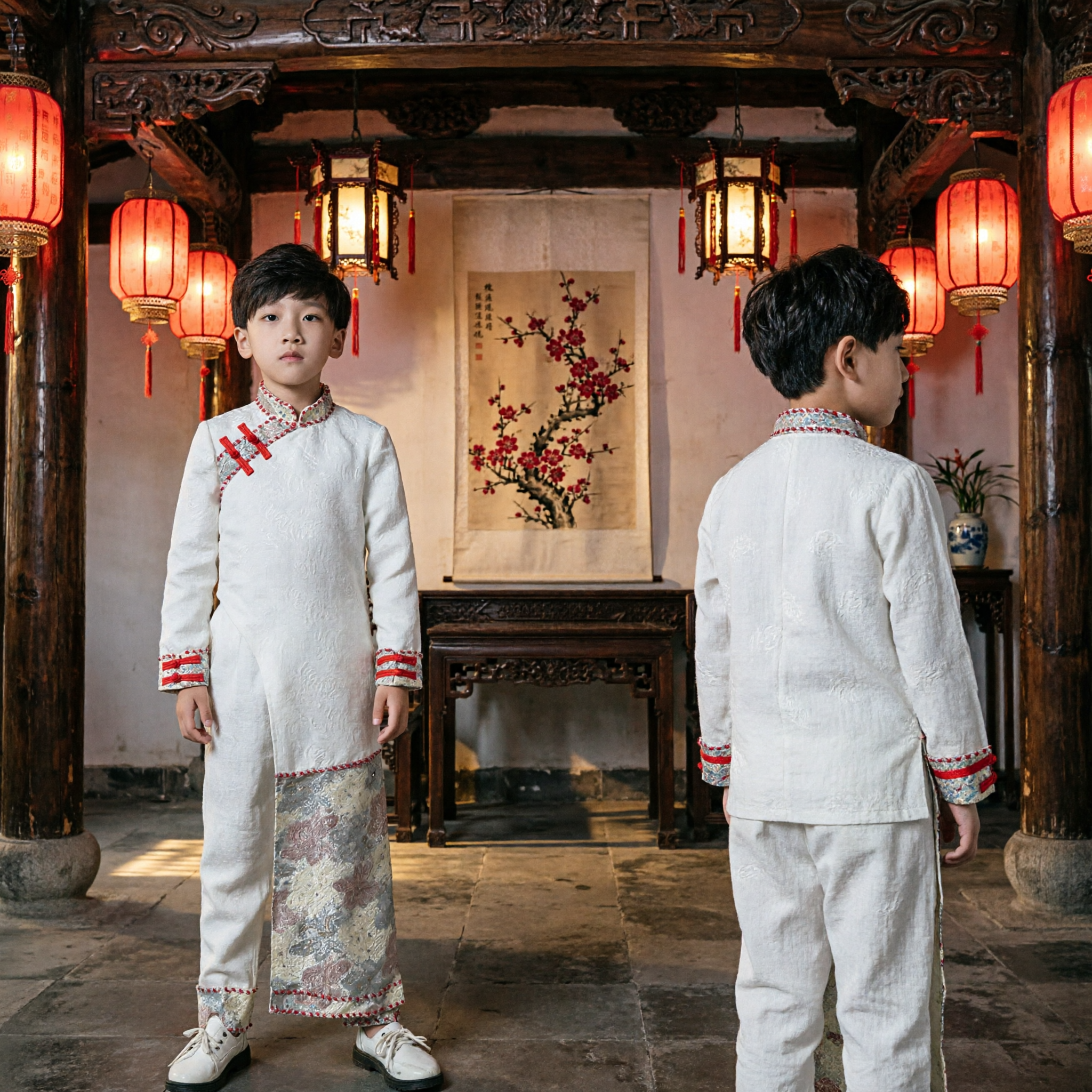 Boys Traditional Chinese Tang Suit Changshan Embroidered National Costume Kids Wedding Party Performance Outfit - Asian Costume