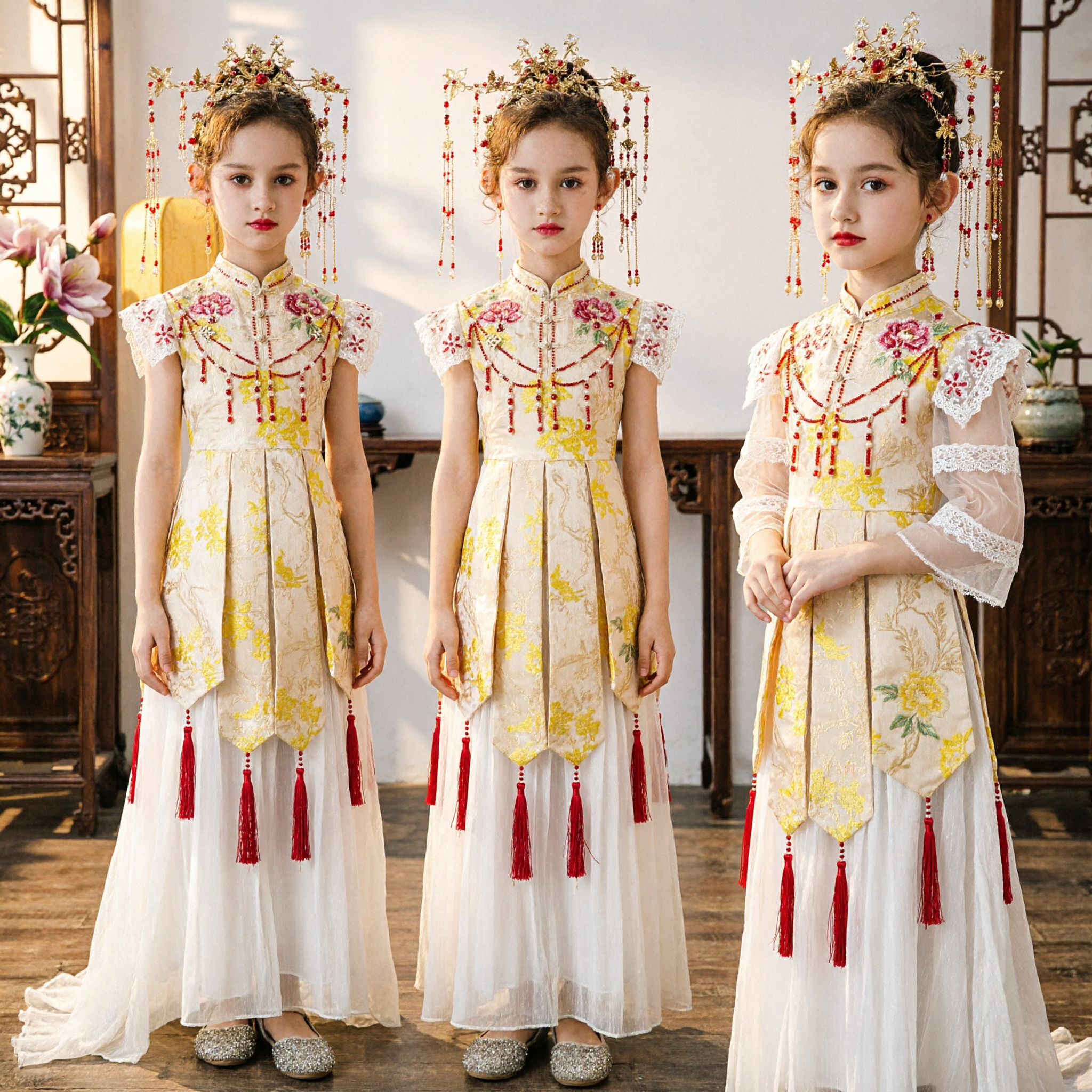 Girls Chinese Traditional Hanfu Qipao Dress Embroidered Kids Costume for Wedding Performance Party - Asian Costume
