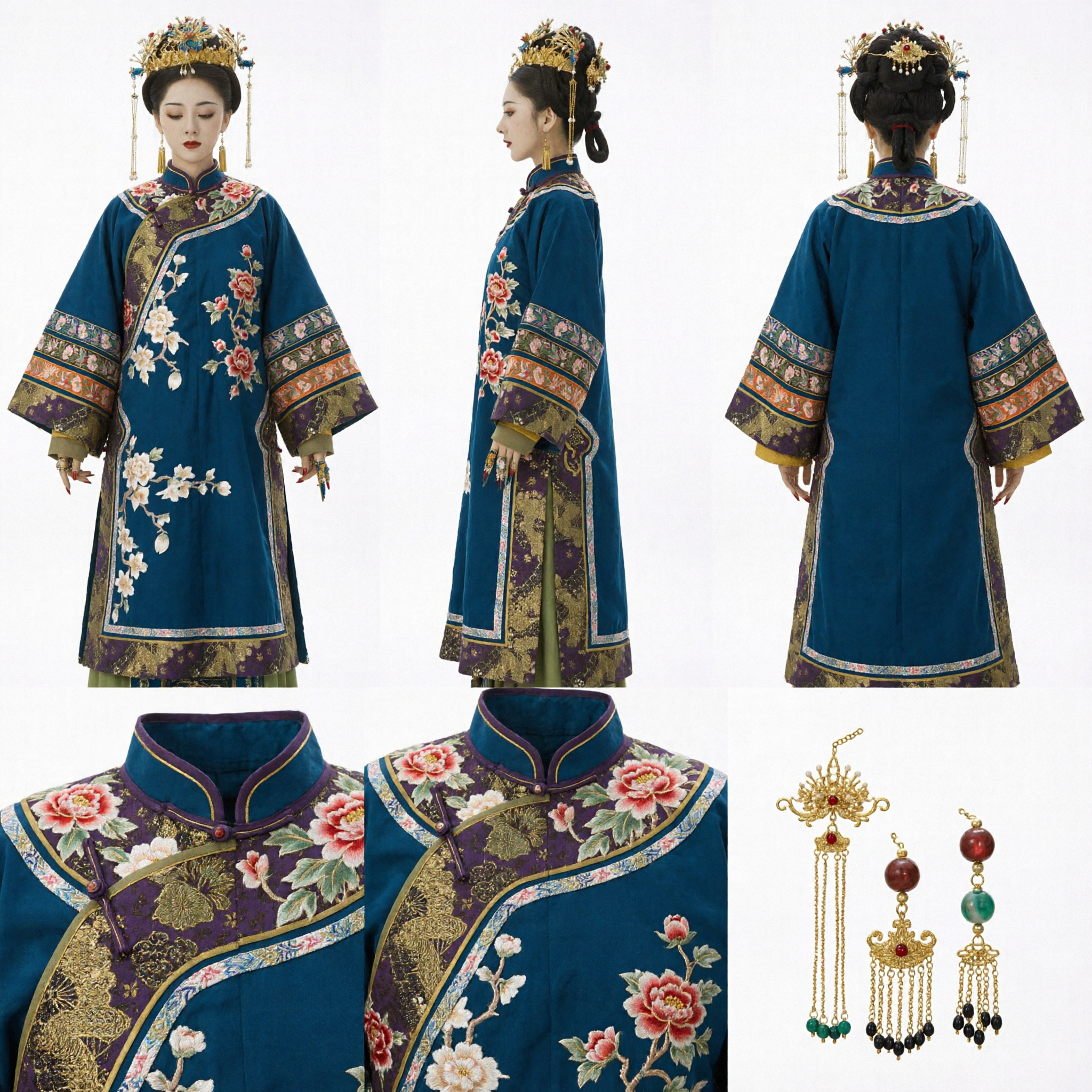 Ancient Chinese Ming Dynasty Hanfu Costume for Women Blue Embroidered Robe with Golden Headdress - Asian Costume