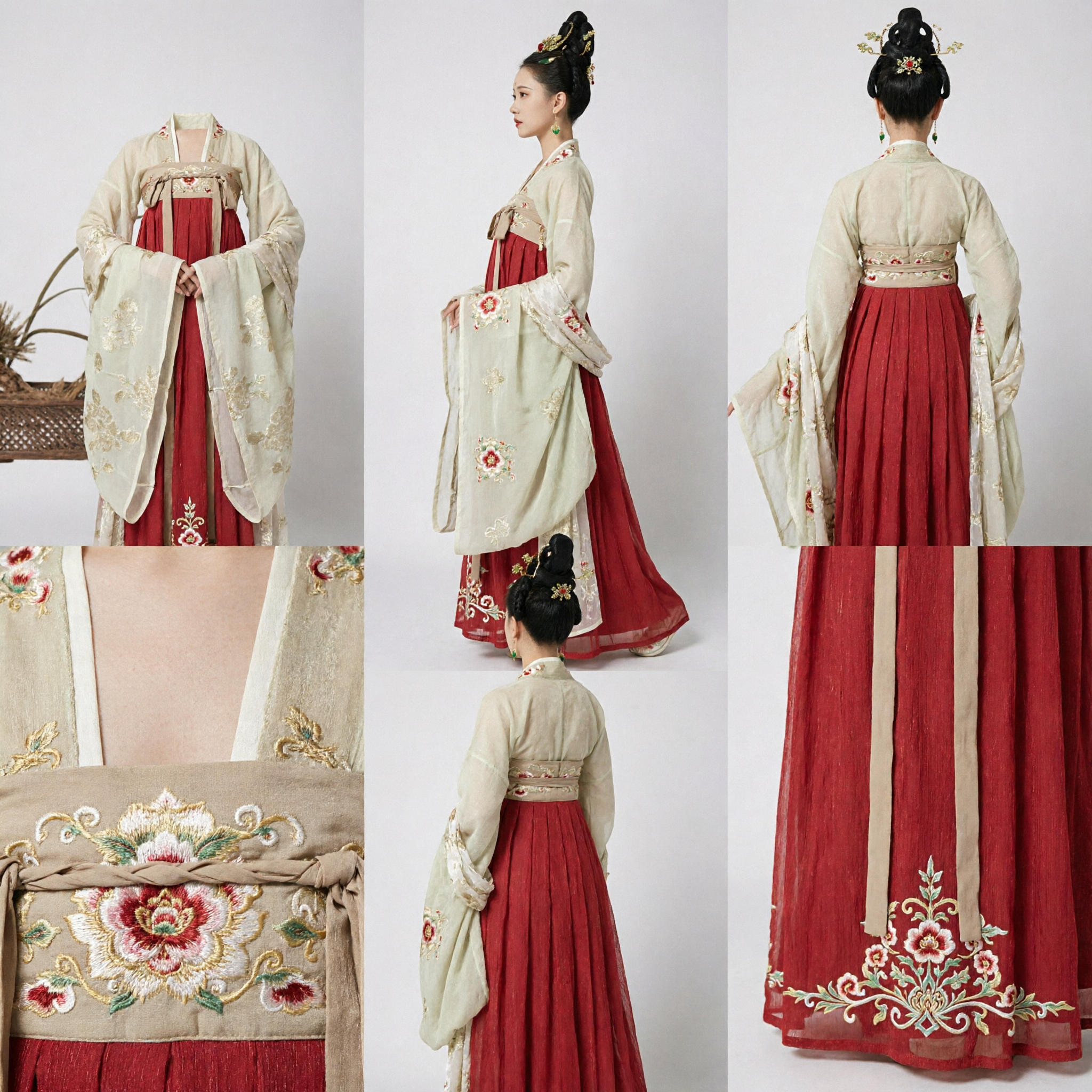 Traditional Chinese Tang Dynasty Hanfu Costume Ancient Red Pleated Skirt and Embroidered Top for Women - Asian Costume