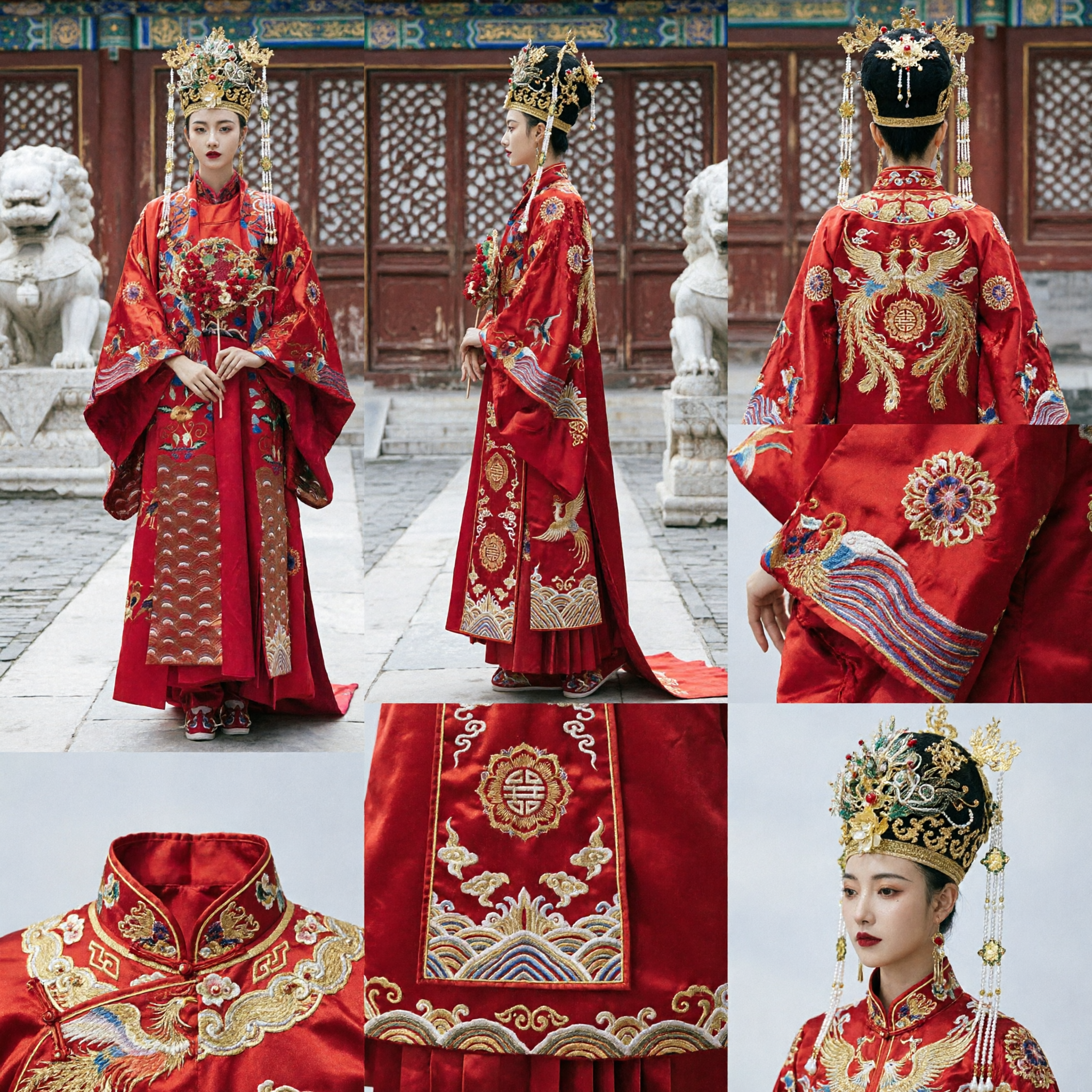 Traditional Chinese Wedding Dress for Bride Ancient Hanfu Xiuhe Suit Red Embroidery Phoenix Crown Set - Asian Costume