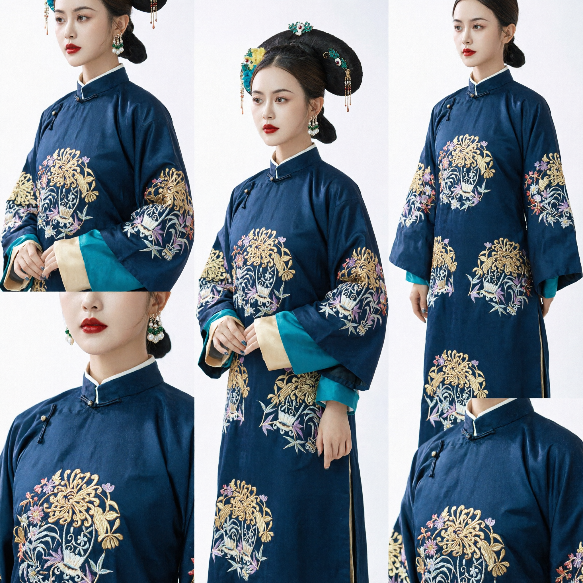 Traditional Chinese Qing Dynasty Manchu Noblewoman Embroidered Blue Robe Historical Costume for Women Cosplay - Asian Costume