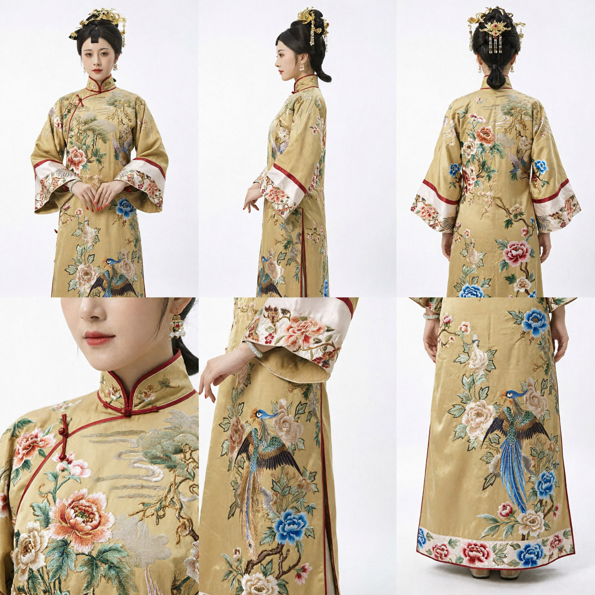 Yellow Embroidered Peacock Traditional Chinese Ancient Costume Qing Dynasty Noble Lady Robe for Women - Asian Costume