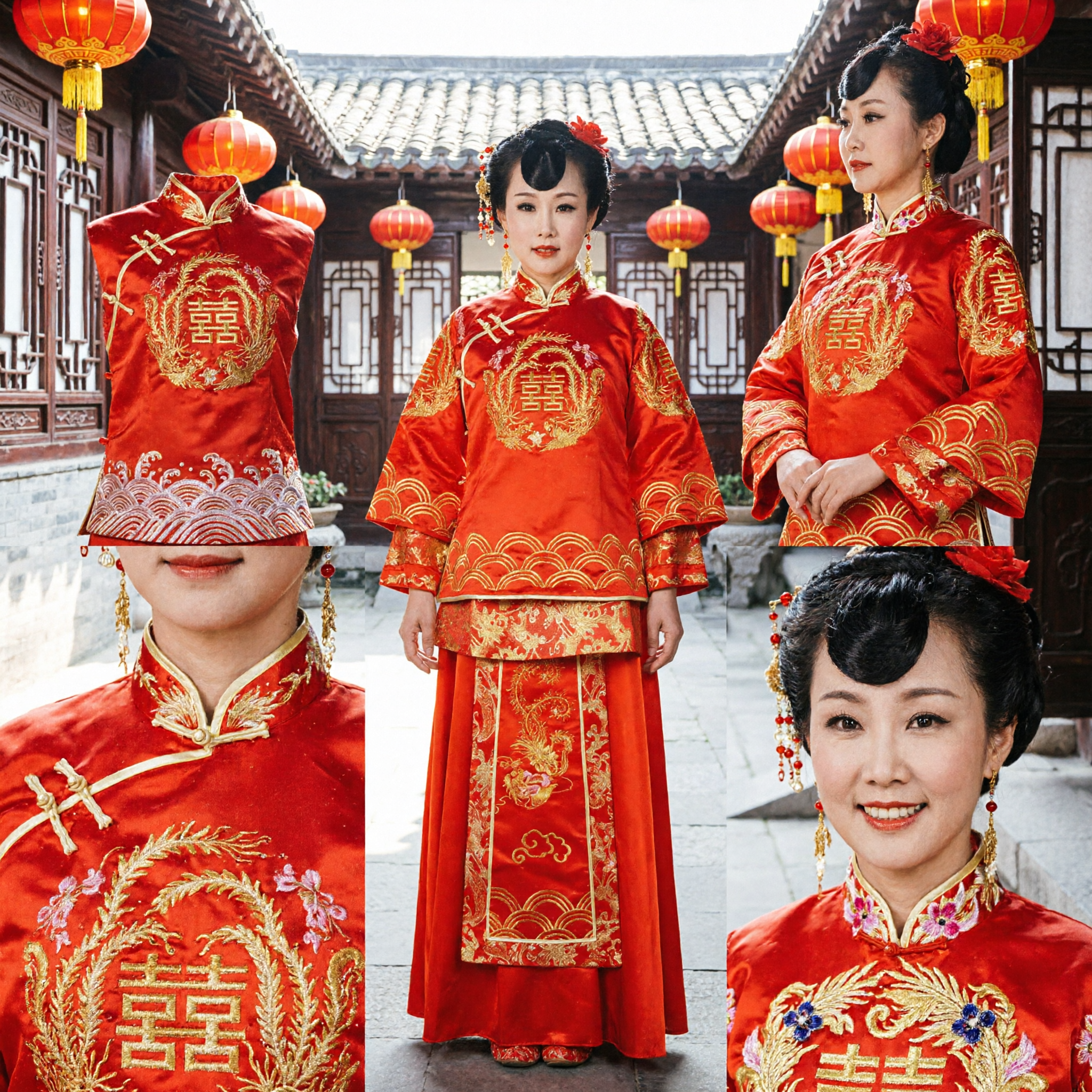 Traditional Chinese Wedding Dress Red Xiuhe Suit Gold Embroidery Dragon Phoenix Bridal Costume for Women - Asian Costume