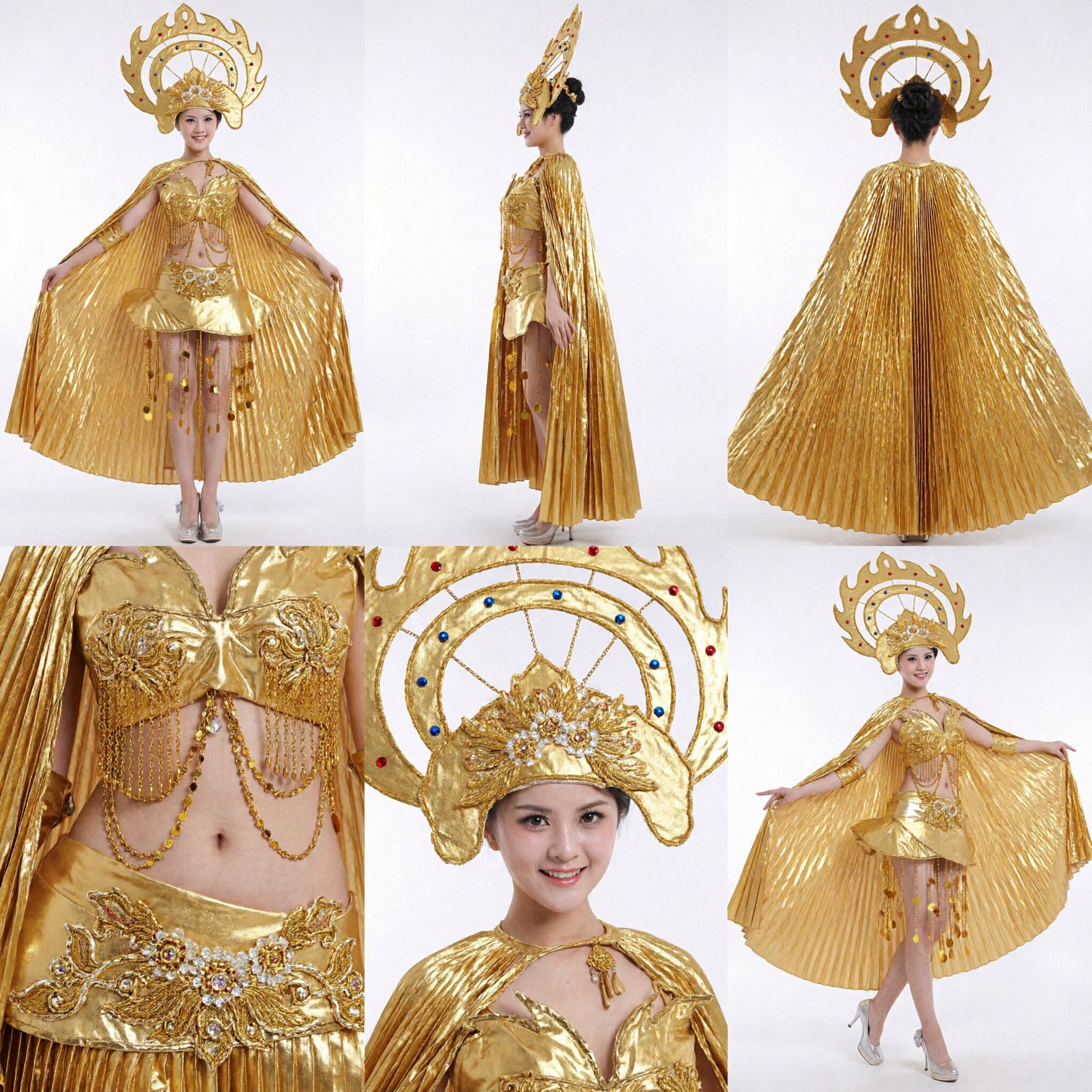 Women's Gold Stage Performance Costume with Pleated Cape Wings and Sun Headdress for Dance Show - Asian Costume