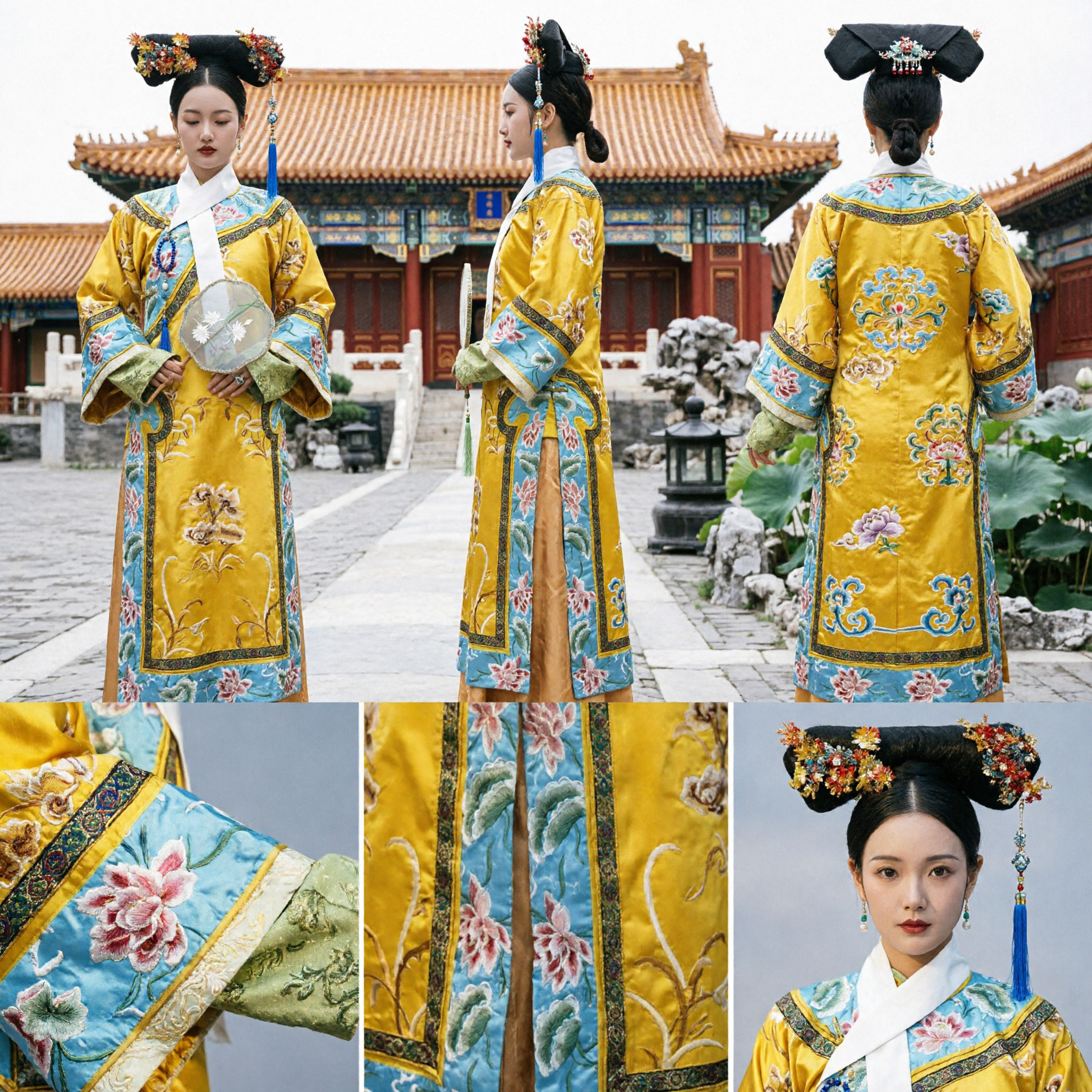 Traditional Chinese Qing Dynasty Empress Costume Yellow Embroidered Robe Manchu Headwear Set for Women Cosplay - Asian Costume