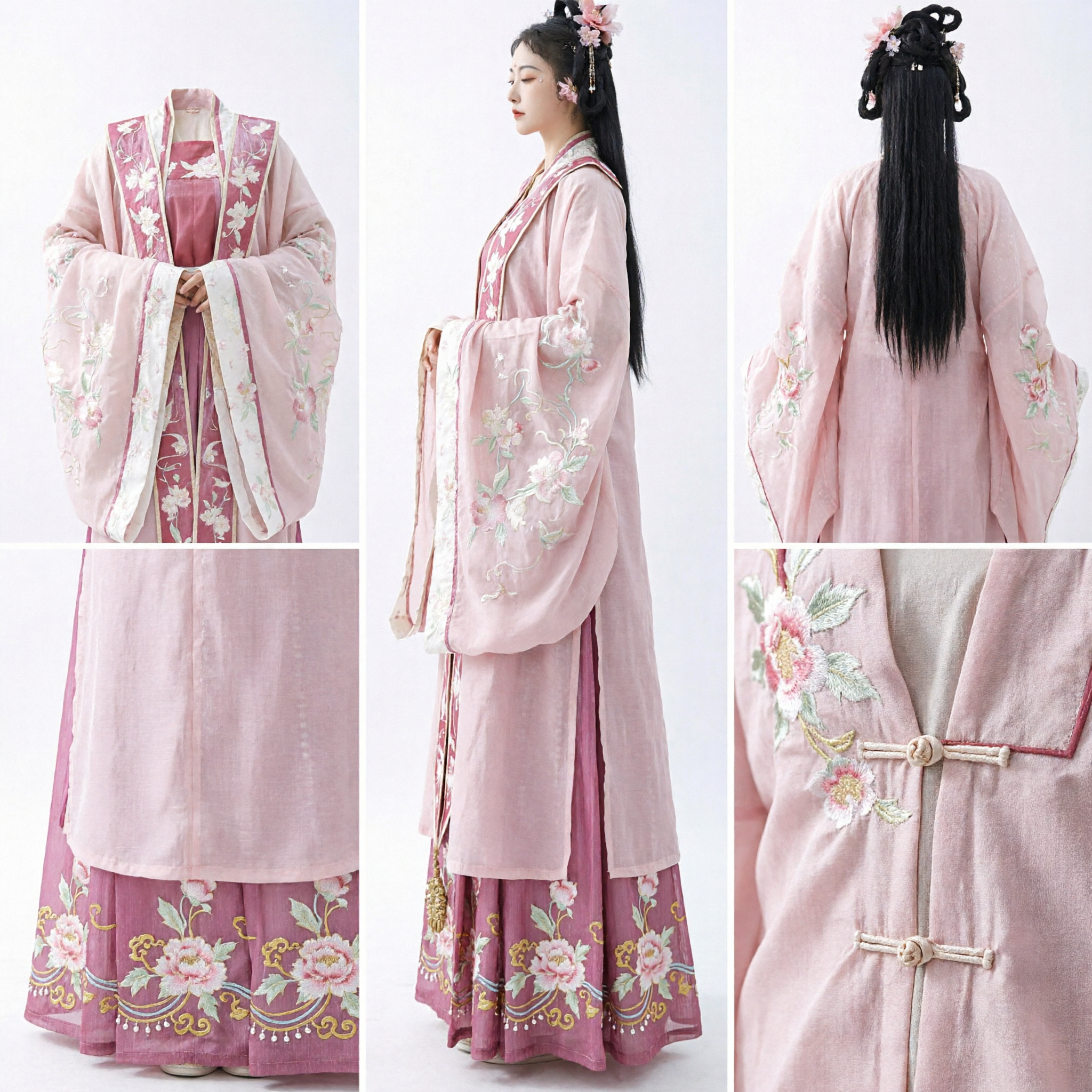 Elegant Pink Hanfu Traditional Chinese Ancient Costume Floral Embroidery Wide Sleeve Fairy Dress for Women Photography - Asian Costume