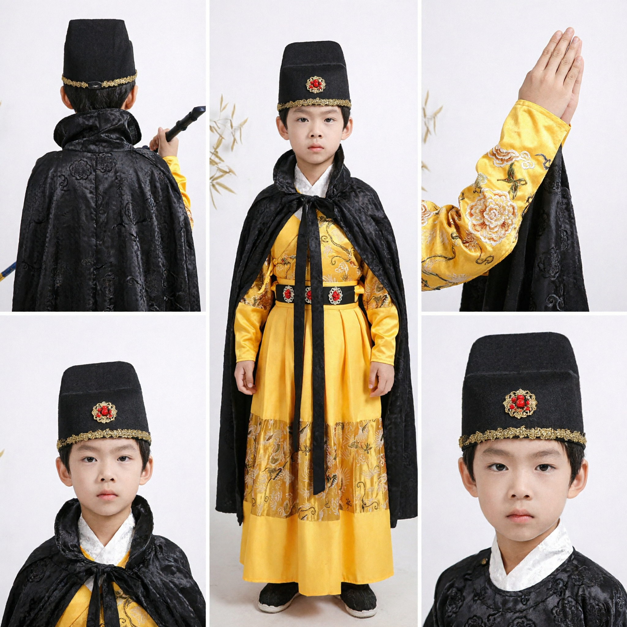 Kids Ancient Chinese Swordsman Costume Yellow Imperial Robe Black Cape Cosplay Outfit for Boys - Asian Costume