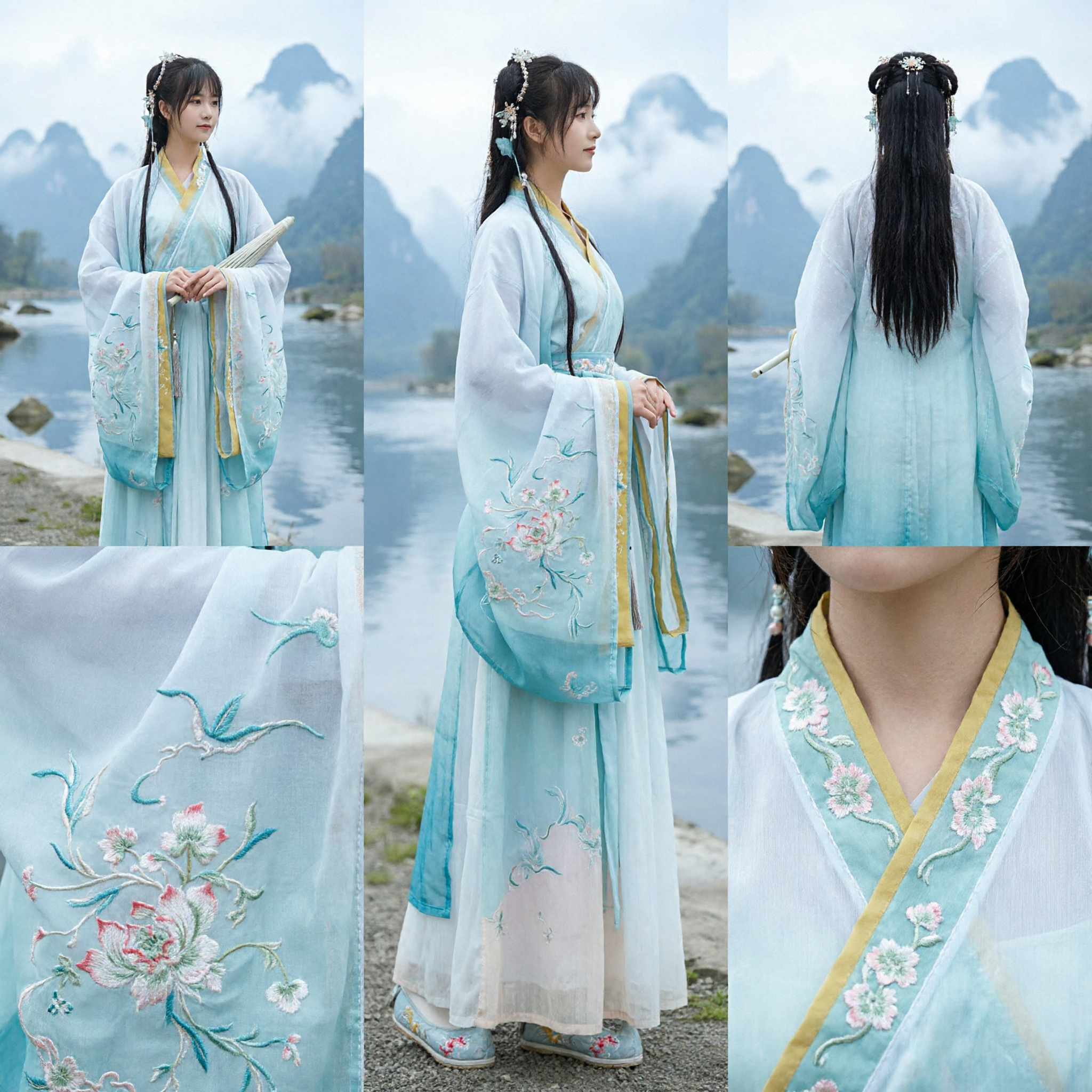 Traditional Chinese Hanfu Fairy Dress Light Blue Embroidered Ancient Costume for Women Cosplay Festival - Asian Costume