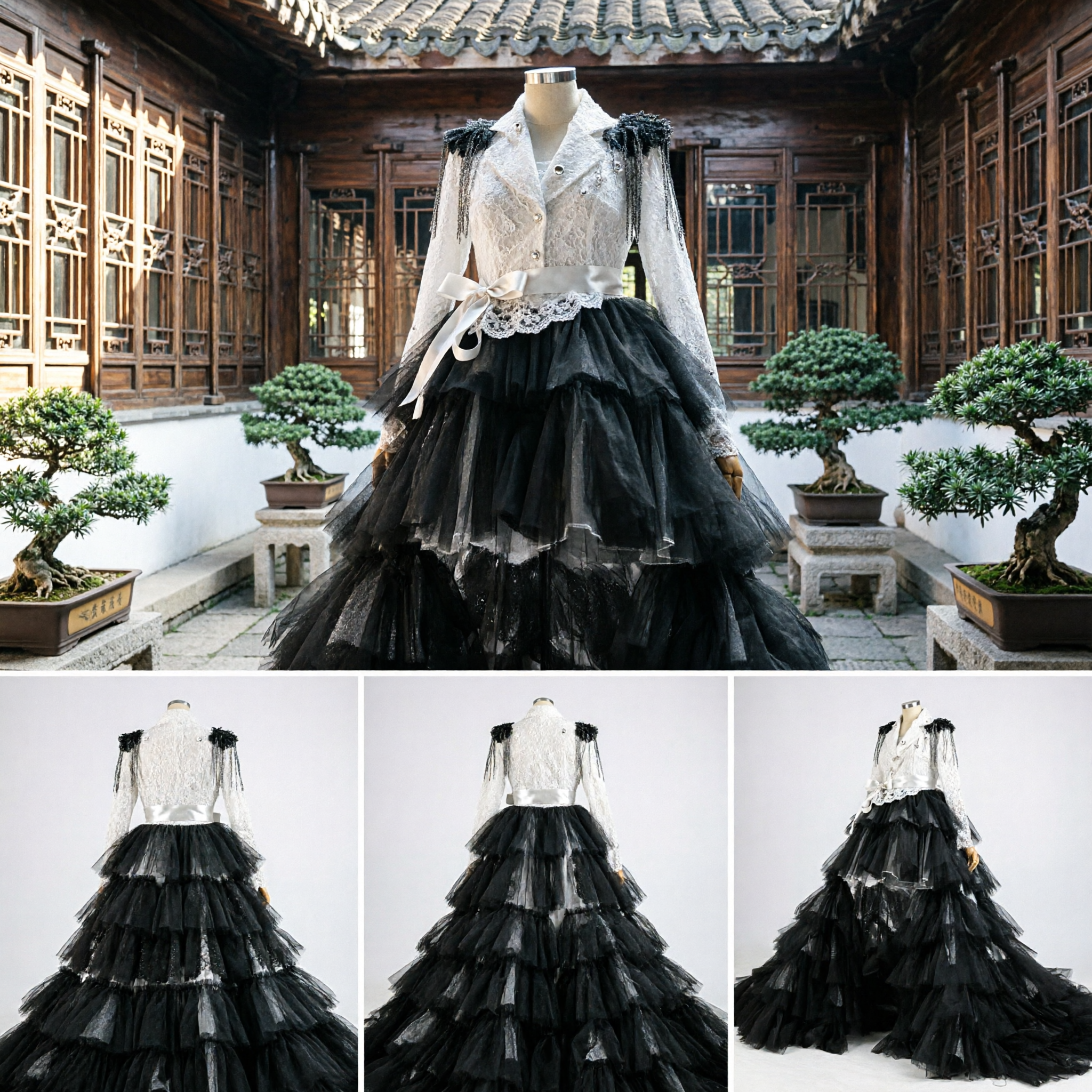 Women's Dramatic Black Tiered Tulle Ballgown with Silver Brocade Jacket for Stage Performance and Theatrical Events - Asian Costume