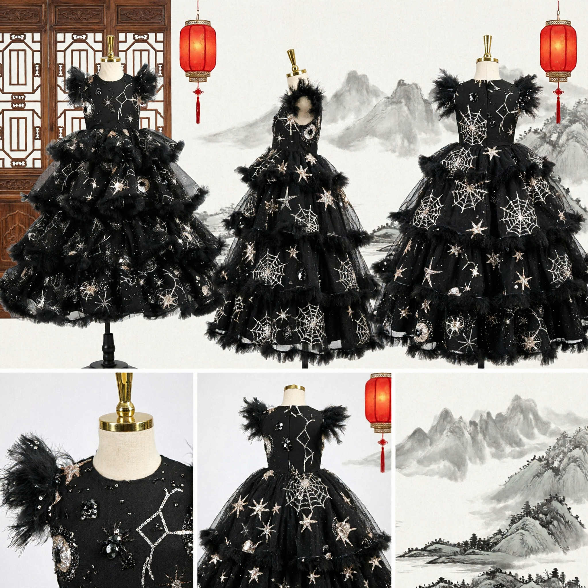 Black Constellation Star Print Tulle Ball Gown Dress for Girls Kids Wedding Party Flower Girl - Asian Costume
