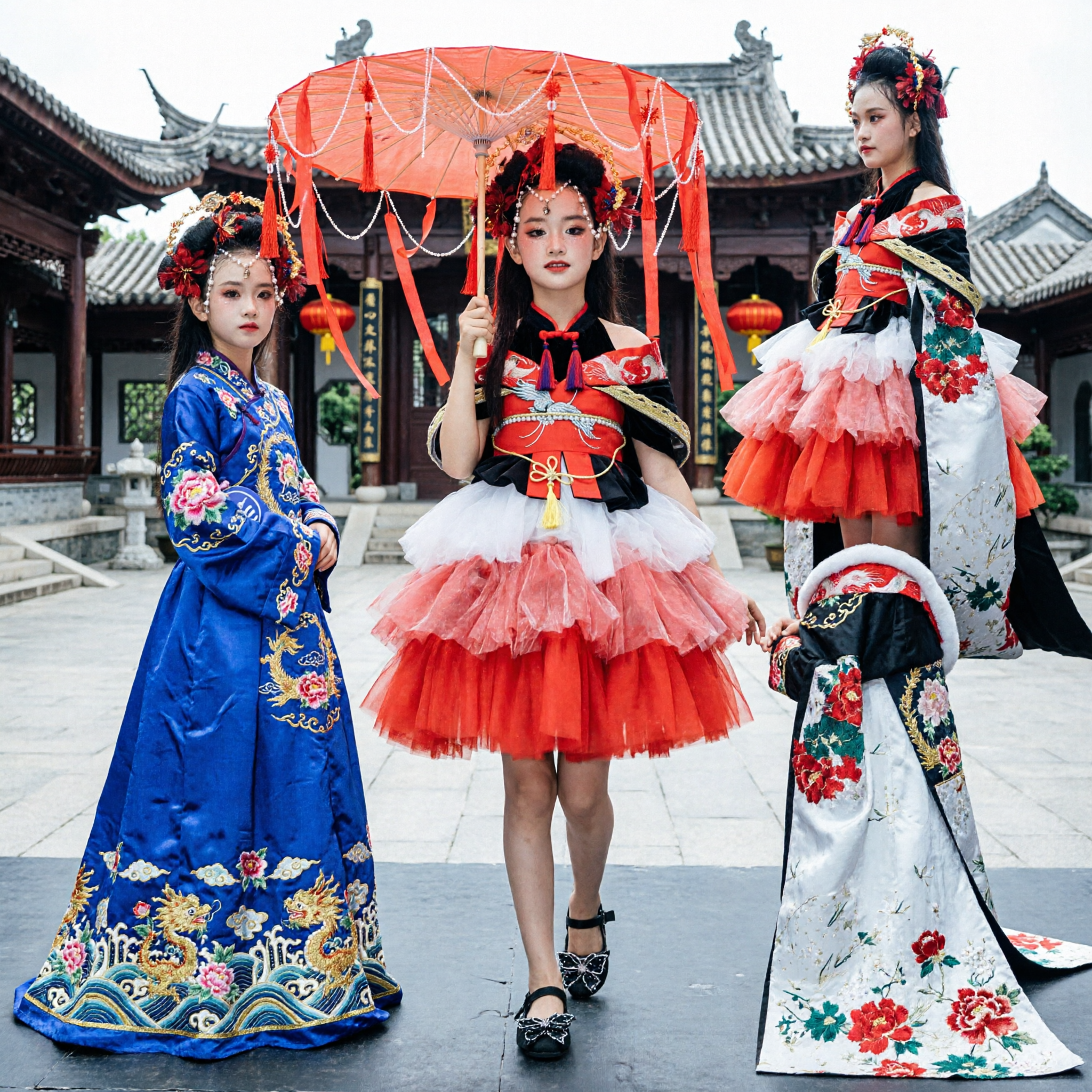 Kids Chinese Traditional Stage Performance Costume Red Floral Dress with Long Train and Umbrella for Girls Dance - Asian Costume