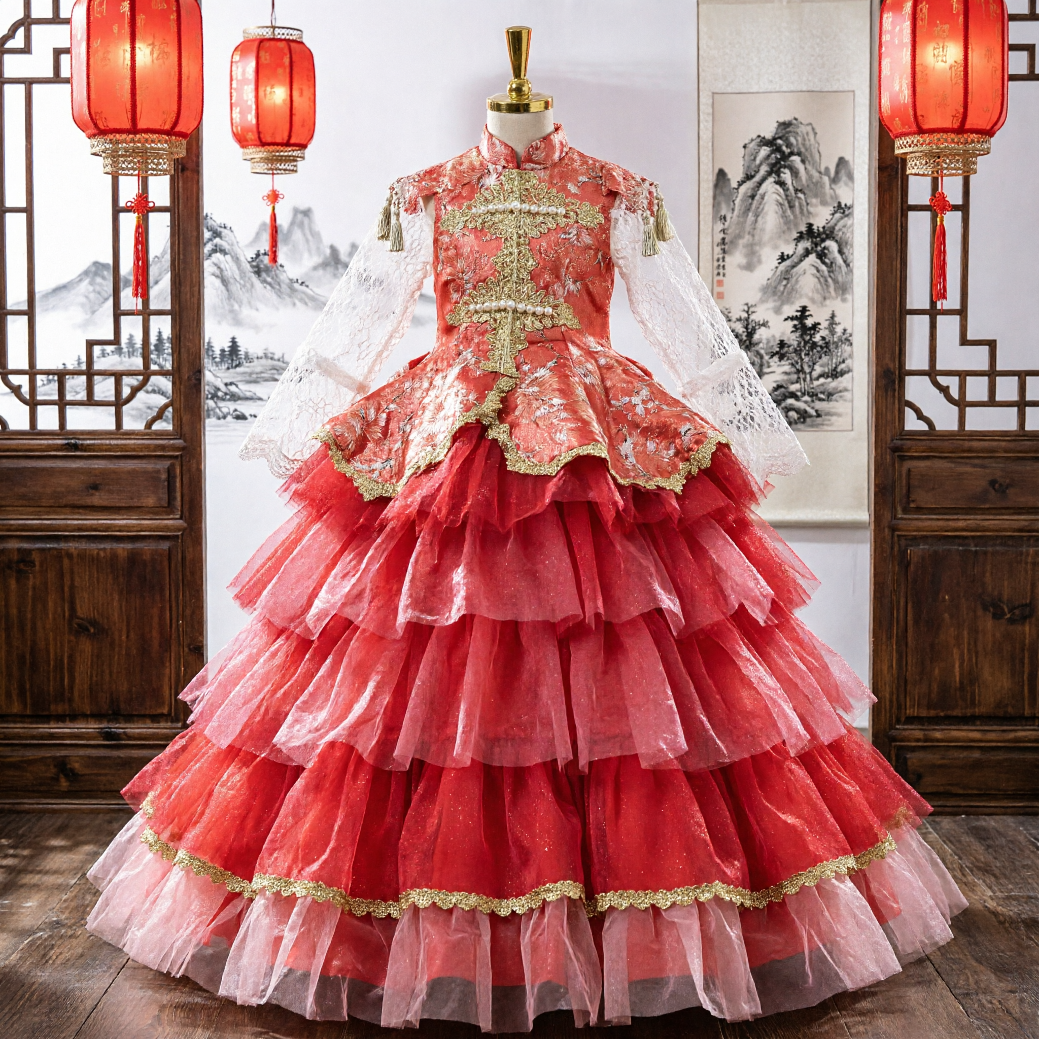 Girls Traditional Chinese Cheongsam Dress Red Wedding Flower Girl Tulle Ballgown Stage Performance Costume - Asian Costume