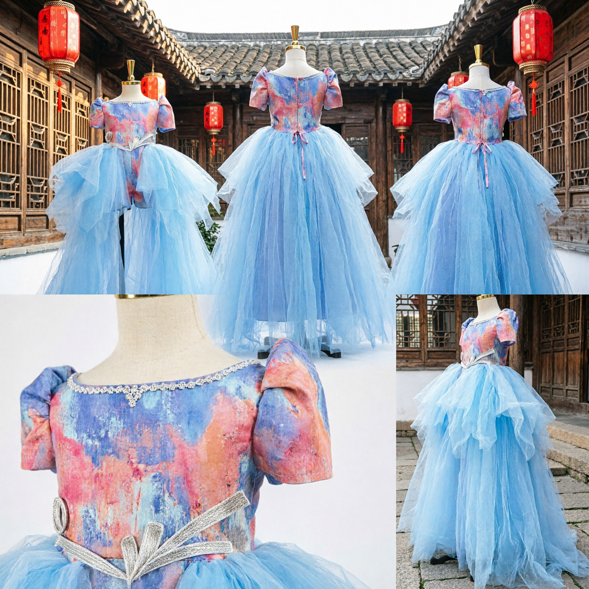 Girls Fantasy Princess Dress Blue Tulle High-Low Skirt Colorful Bodice for Stage Performance Halloween - Asian Costume