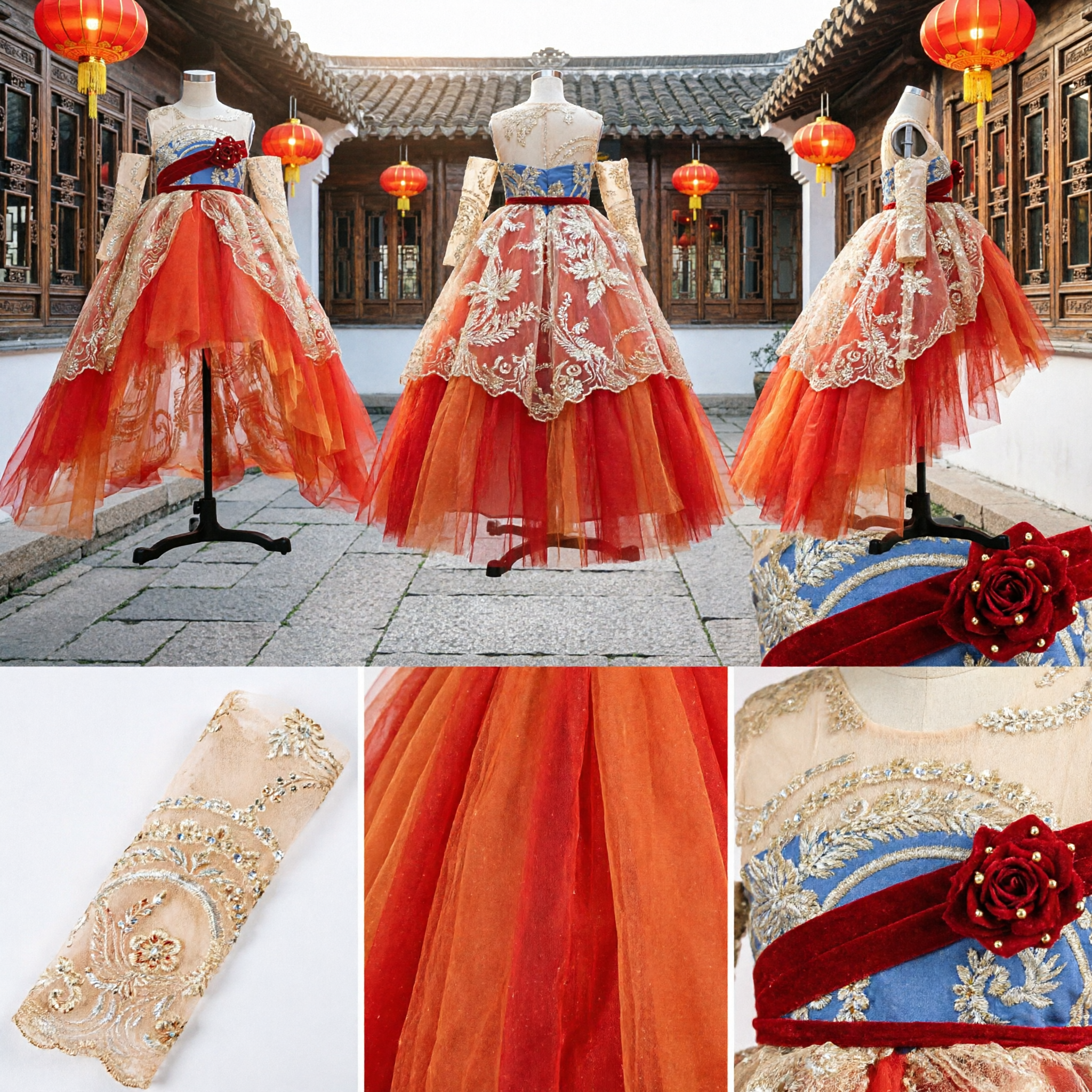 Girls Luxury Red and Gold Embroidered Traditional Chinese Costume Ballgown for Stage Performance - Asian Costume