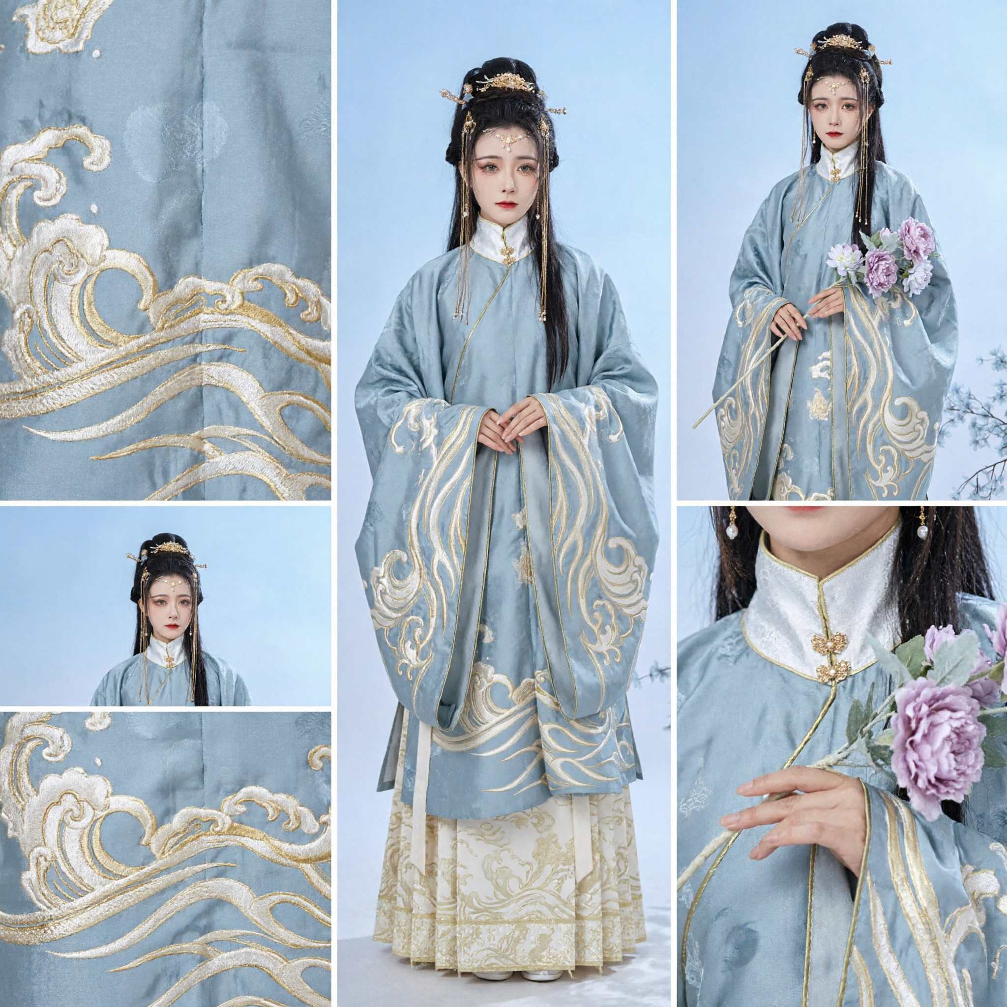 Elegant Blue Ming Dynasty Hanfu Set with Gold Cloud Embroidery Traditional Chinese Costume for Women - Asian Costume