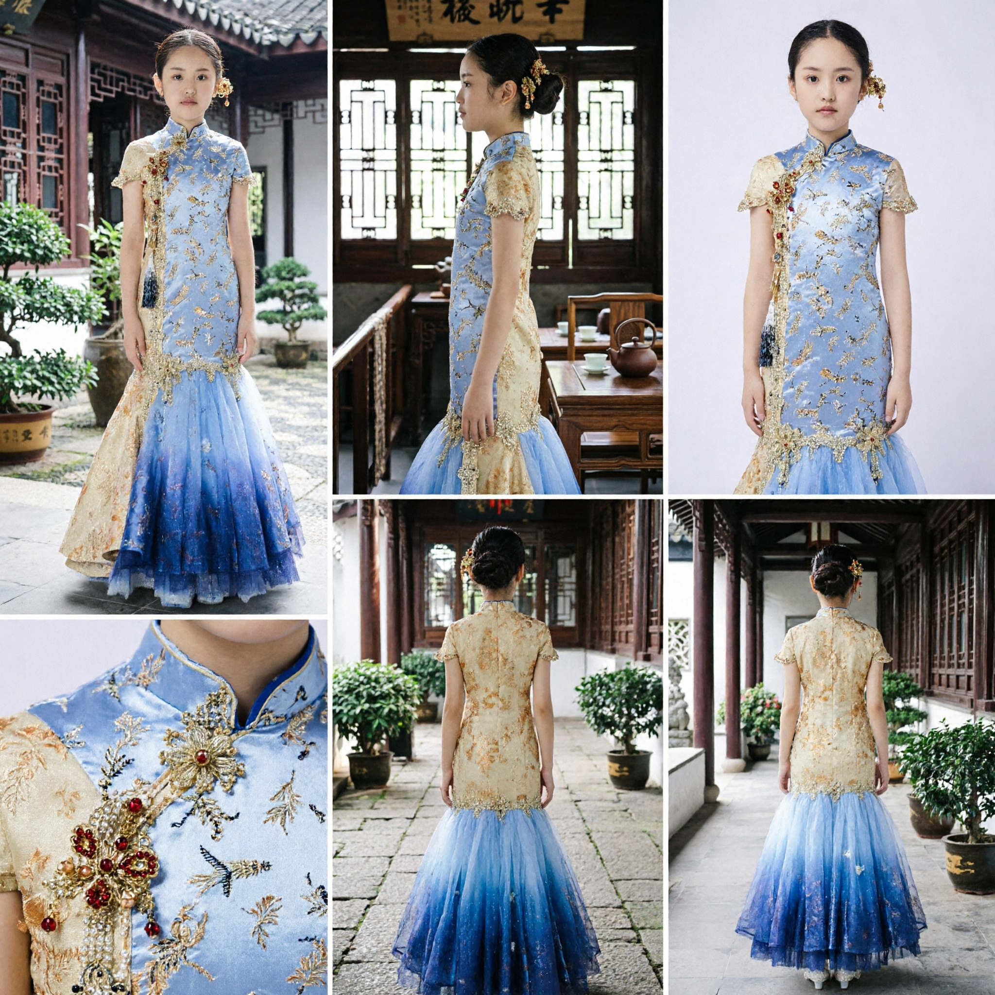 Kids Girls Blue Gold Traditional Chinese Cheongsam Qipao Dress Embroidered Flower Girl Wedding Party Gown - Asian Costume