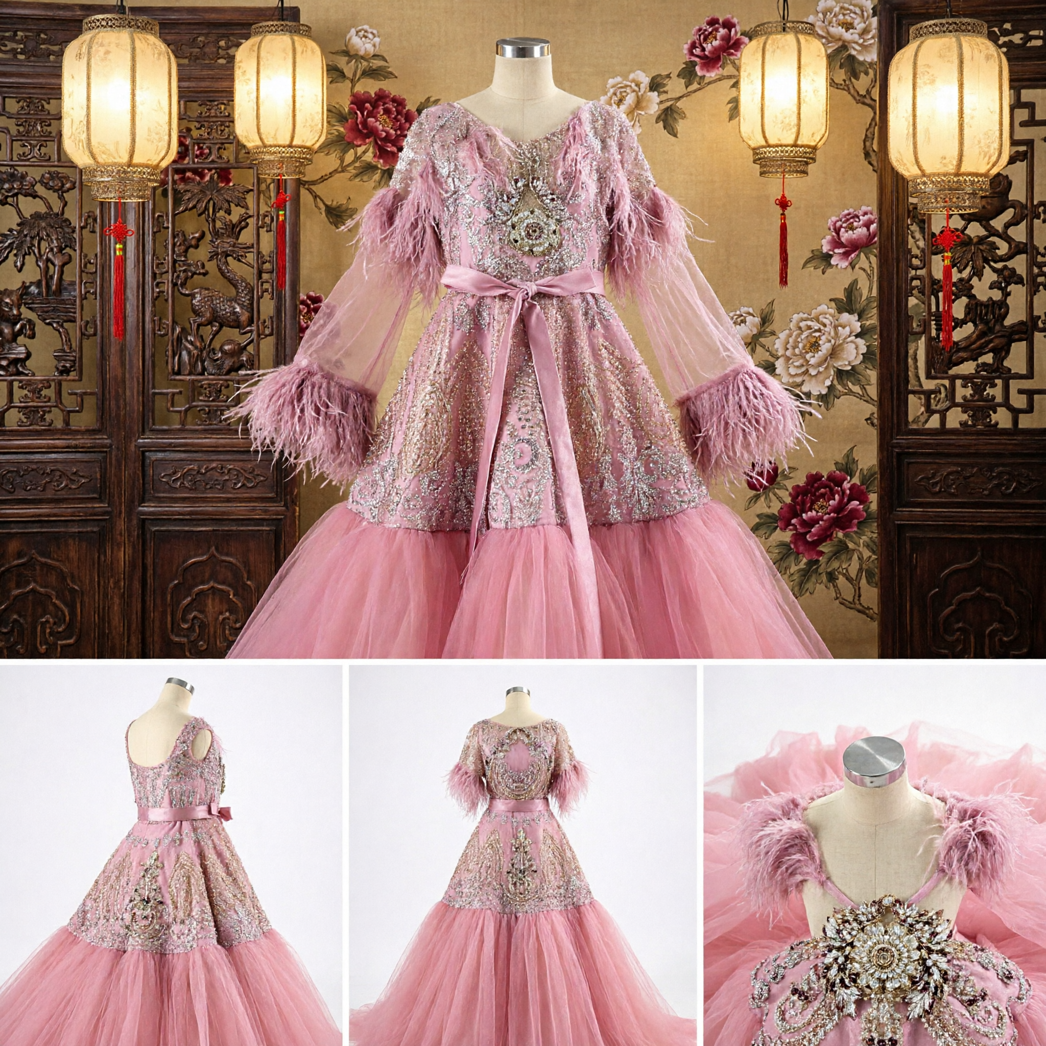 Women's Elegant Pink Princess Ballgown with Feather Sleeves and Sequin Embroidery for Stage Performance - Asian Costume