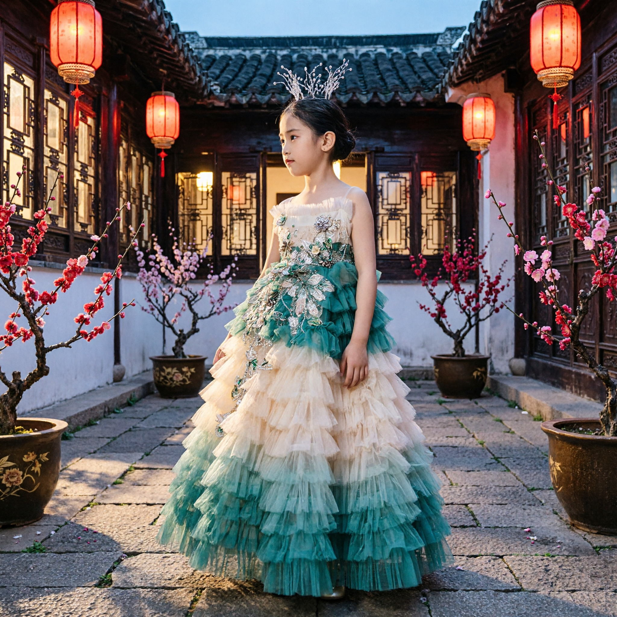 Luxury Girls Princess Gown with Teal Ruffles and Crystal Floral Embroidery for Stage Performance and Pageant - Asian Costume