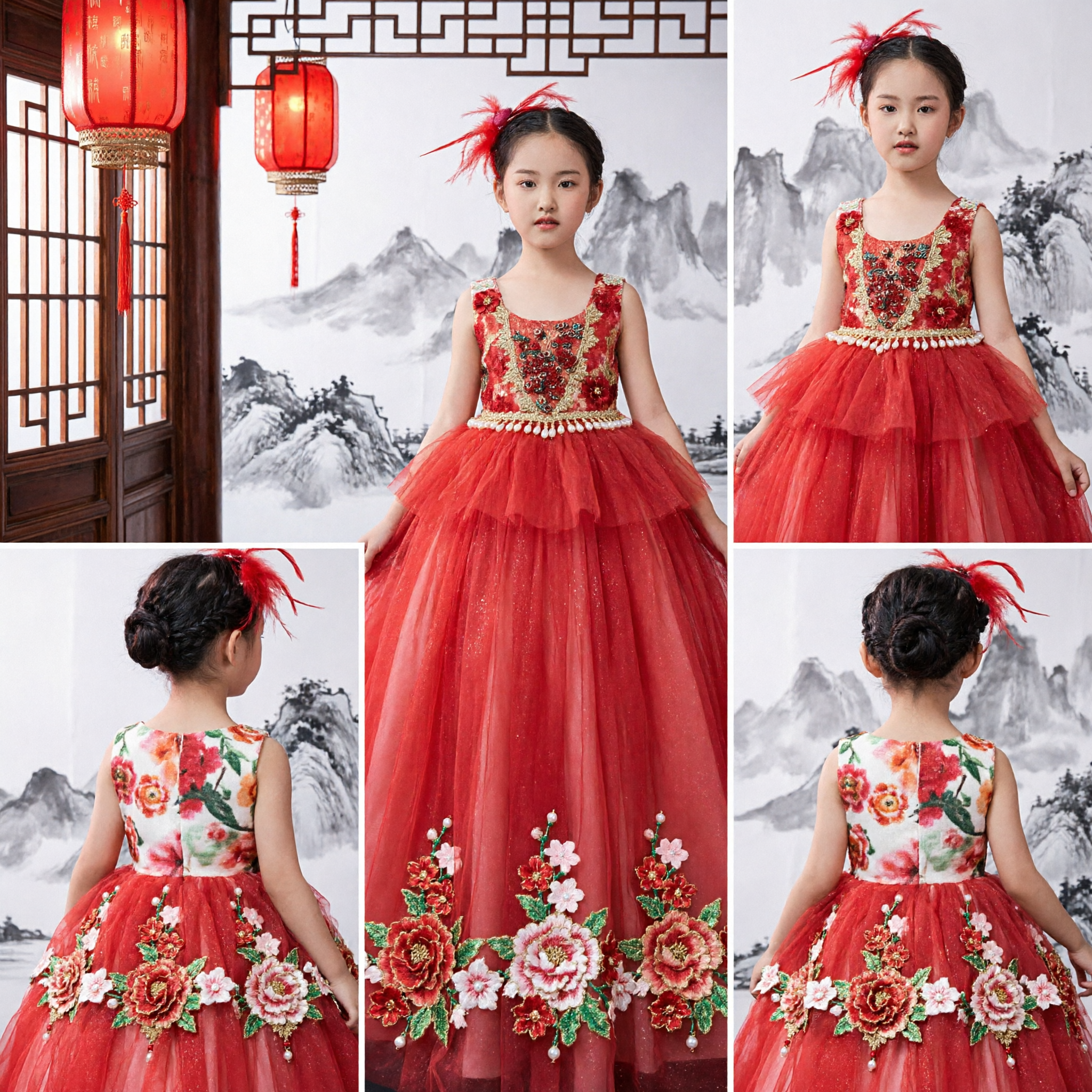 Girls Red Gold Embroidered Tulle Ballgown for Stage Performance Hosting Dance and Formal Occasions - Asian Costume