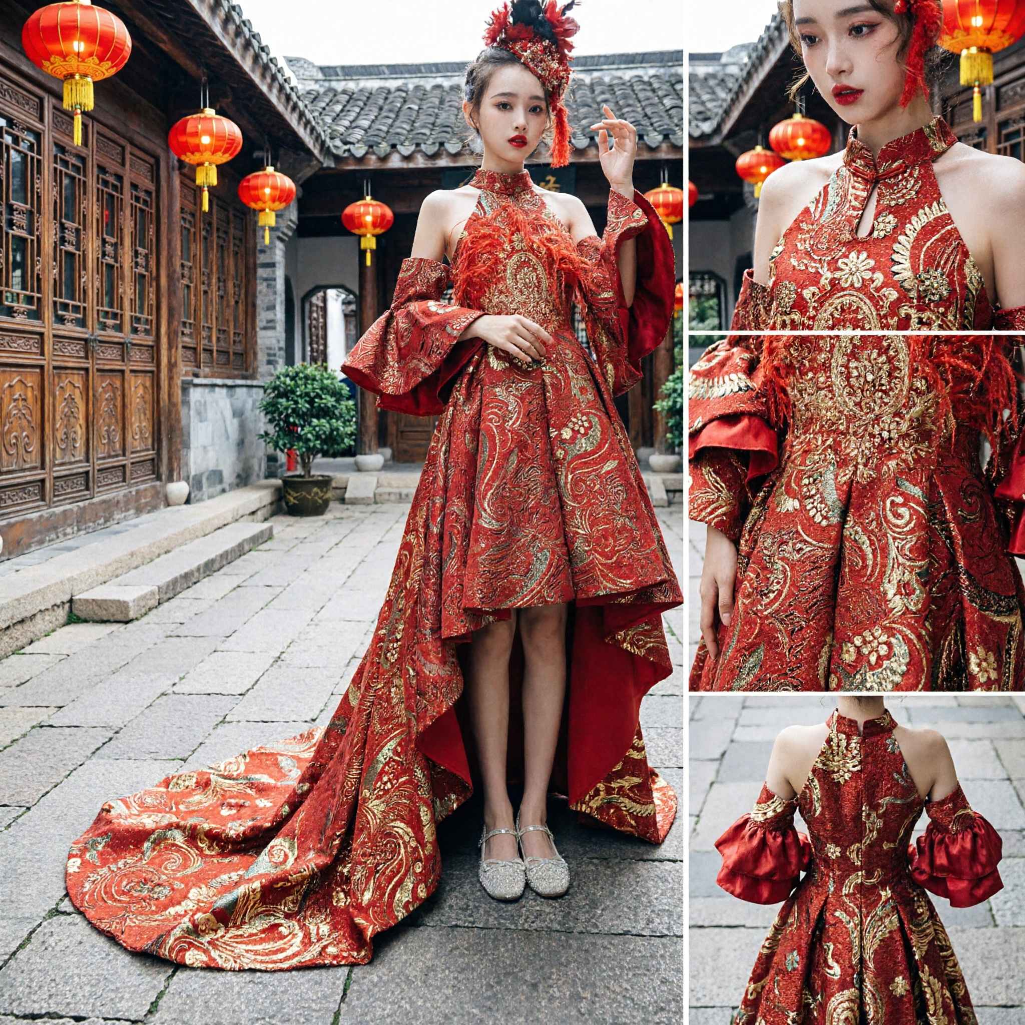 Red Chinese Traditional Wedding Flower Girl Dress Gold Embroidery Evening Gown for Kids Stage Performance Host Costume - Asian Costume