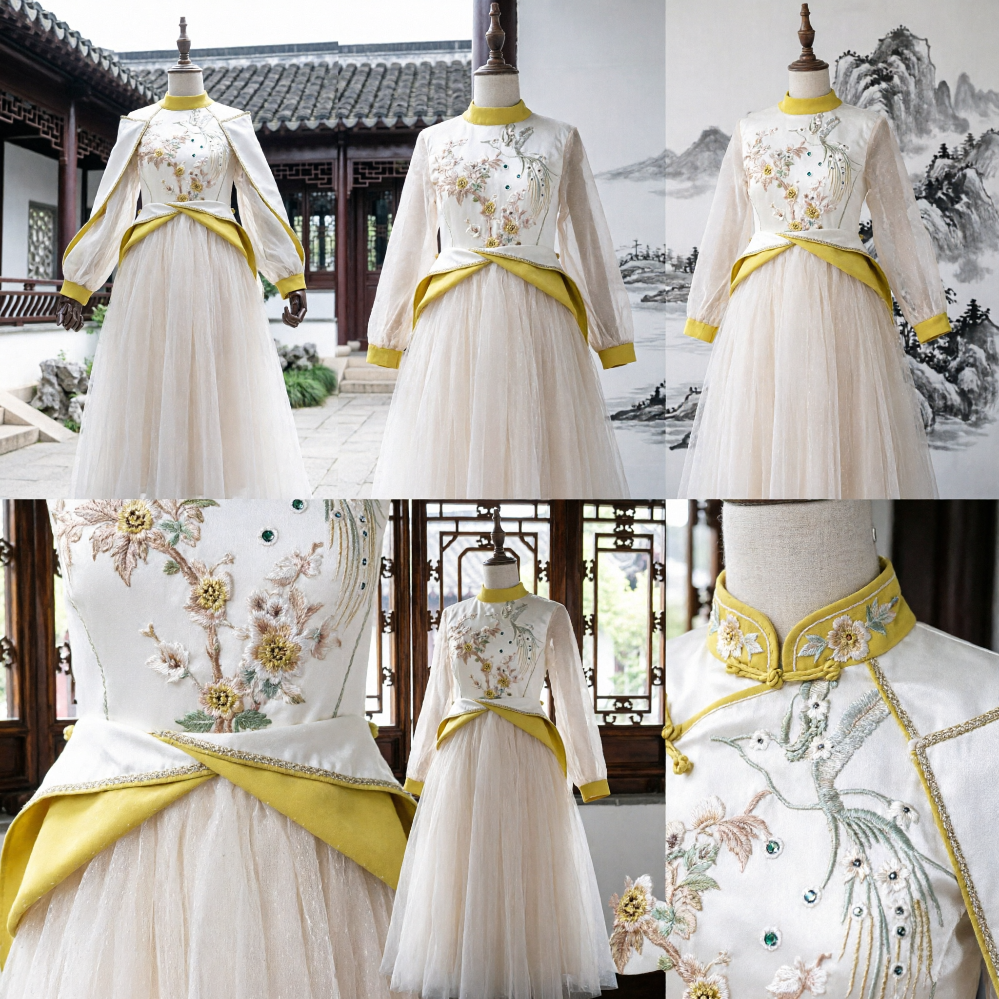 Elegant White and Yellow Floral Embroidered Long Sleeve Dress with Tulle Skirt for Women's Traditional Chinese Stage Performance - Asian Costume