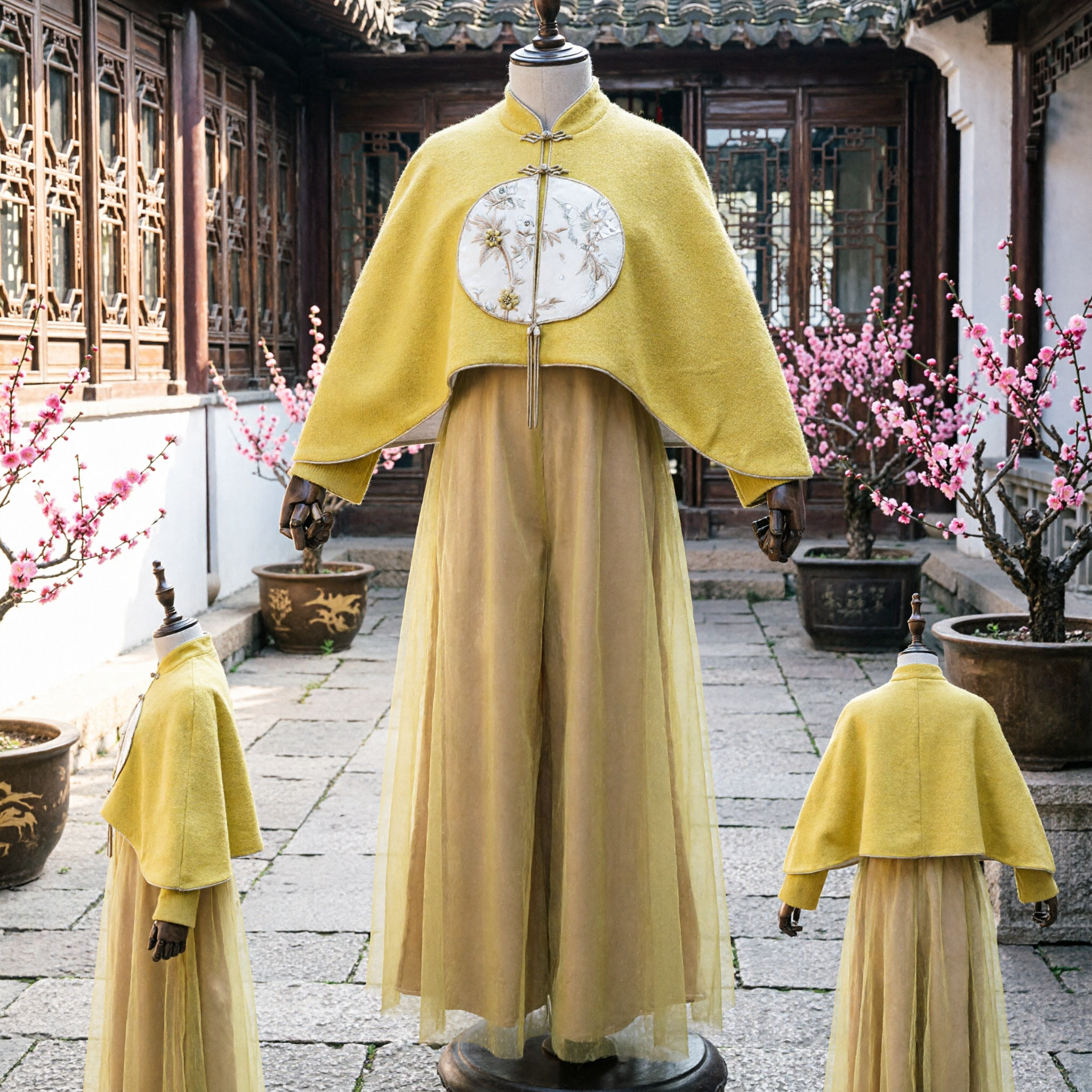 Traditional Chinese Hanfu Ming Dynasty Yellow Embroidered Cape Cloak and Sheer Wide Leg Pants Costume for Women - Asian Costume