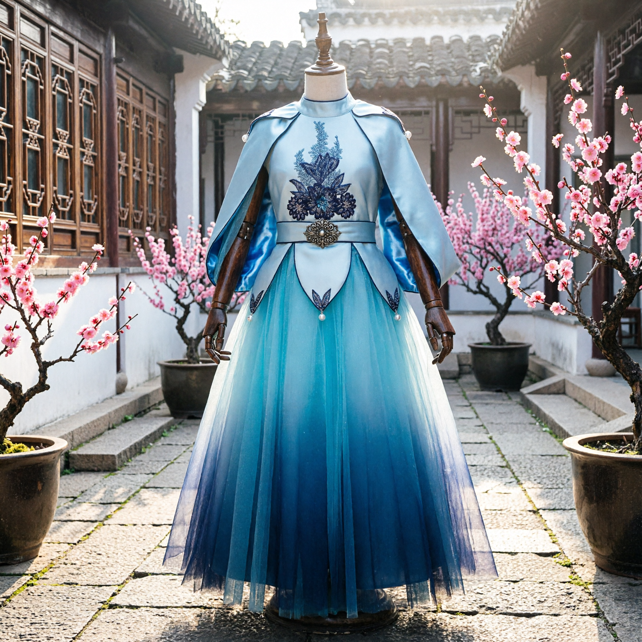 Ancient Chinese Blue Noble Princess Hanfu Costume with Embroidered Cape and Tulle Skirt for Cosplay - Asian Costume