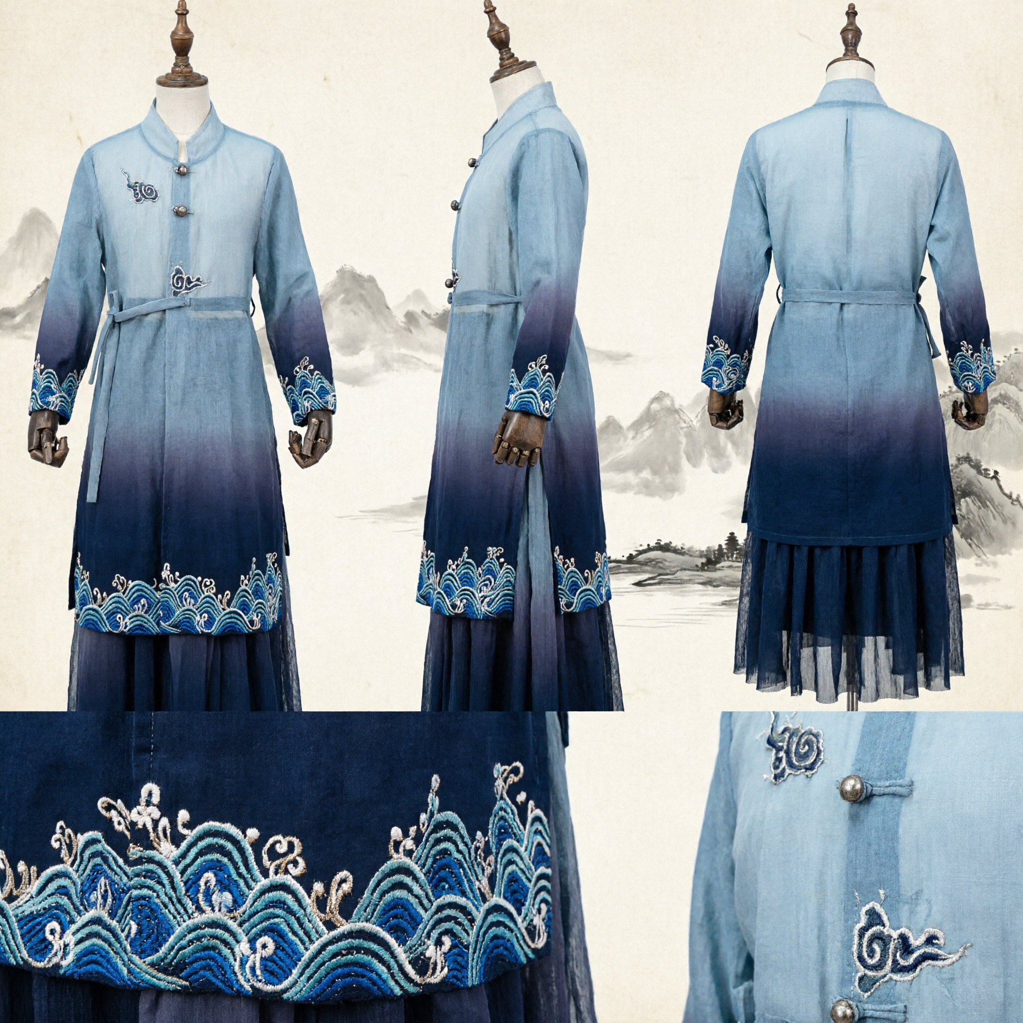 Men's Traditional Chinese Hanfu Ancient Scholar Robe Blue Gradient Wuxia Swordsman Embroidery Costume Outfit - Asian Costume