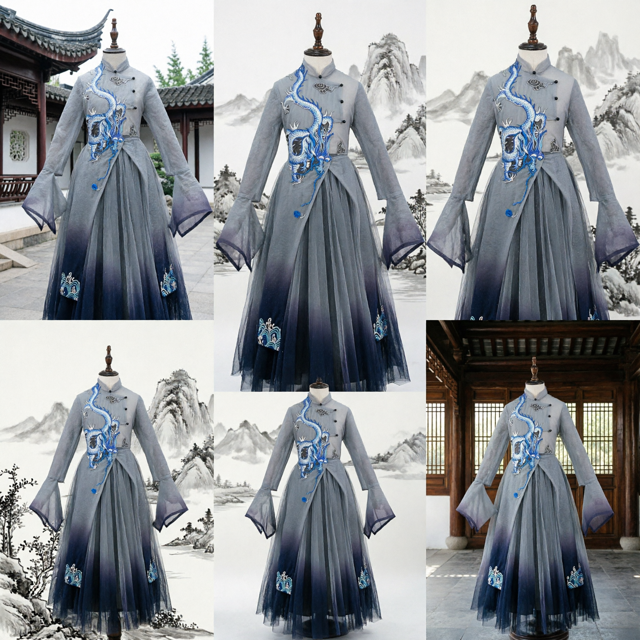 Men's Chinese Traditional Hanfu Ancient Swordsman Costume Blue Gradient Dragon Embroidery Robe Wuxia Cosplay Outfit - Asian Costume