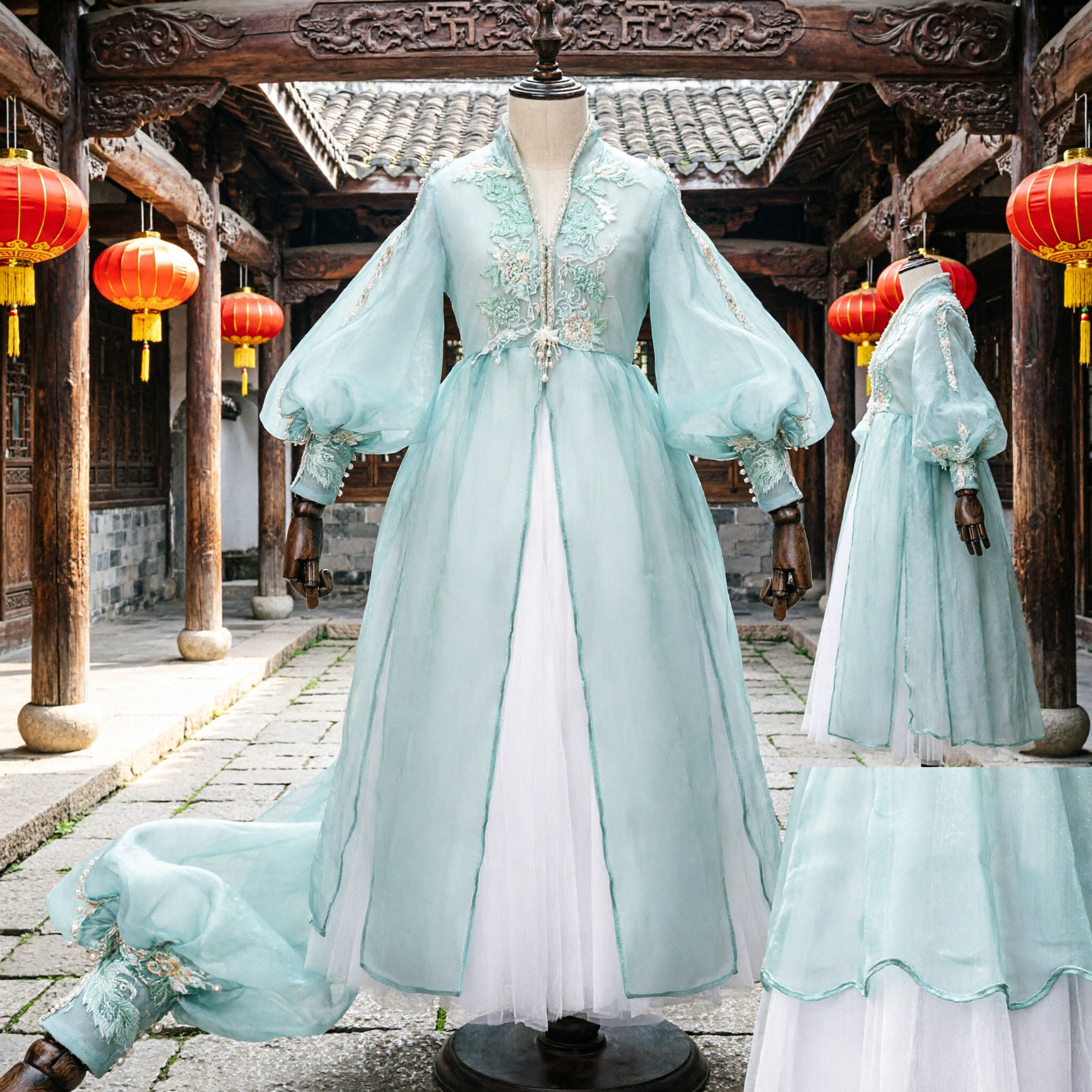 Traditional Chinese Hanfu Costume Women Ancient Blue Embroidery Wide Sleeve Fairy Dress for Cosplay and Stage - Asian Costume