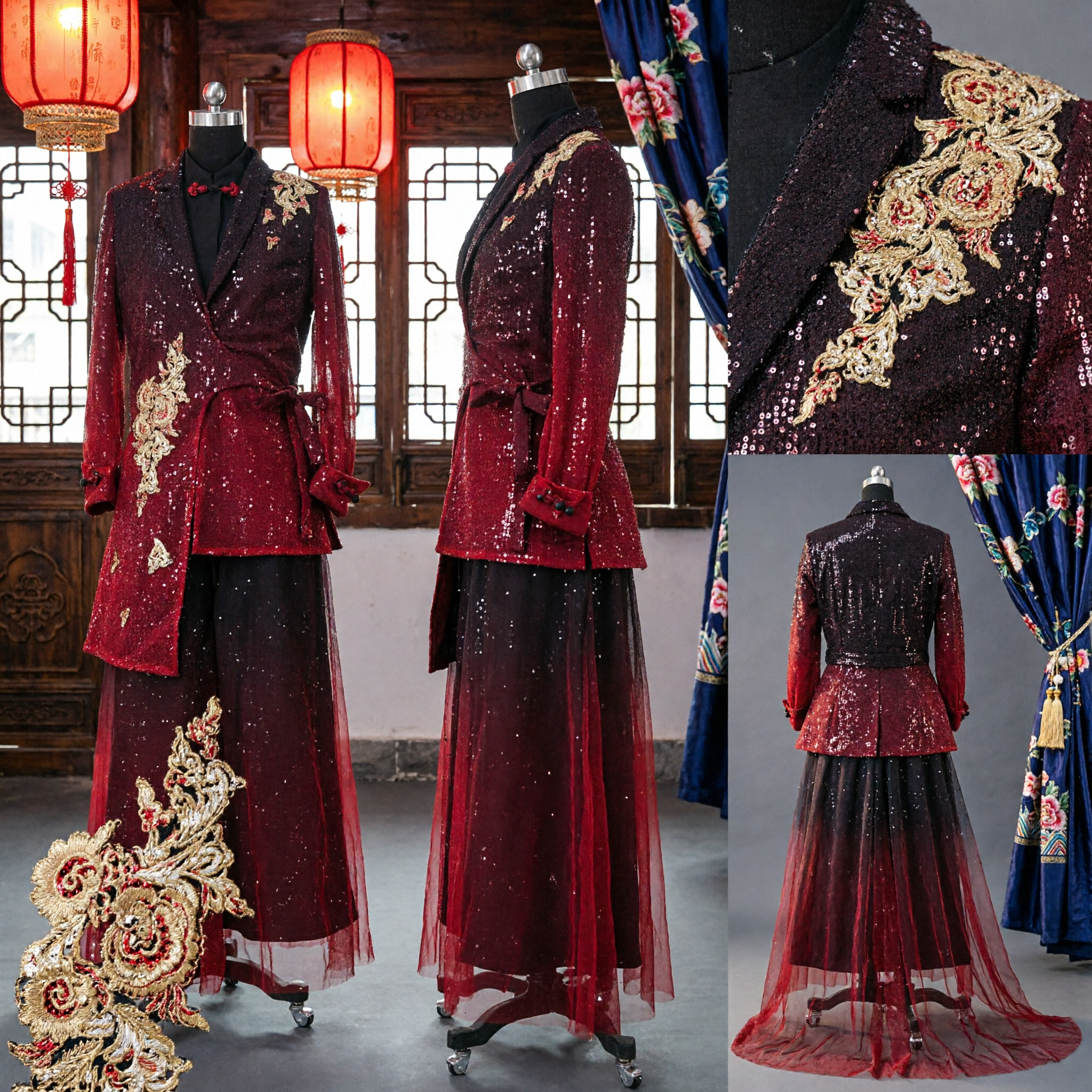 Men's Red Velvet Embroidered Traditional Chinese Suit Wedding Groom Costume Stage Performance Singing Outfit - Asian Costume