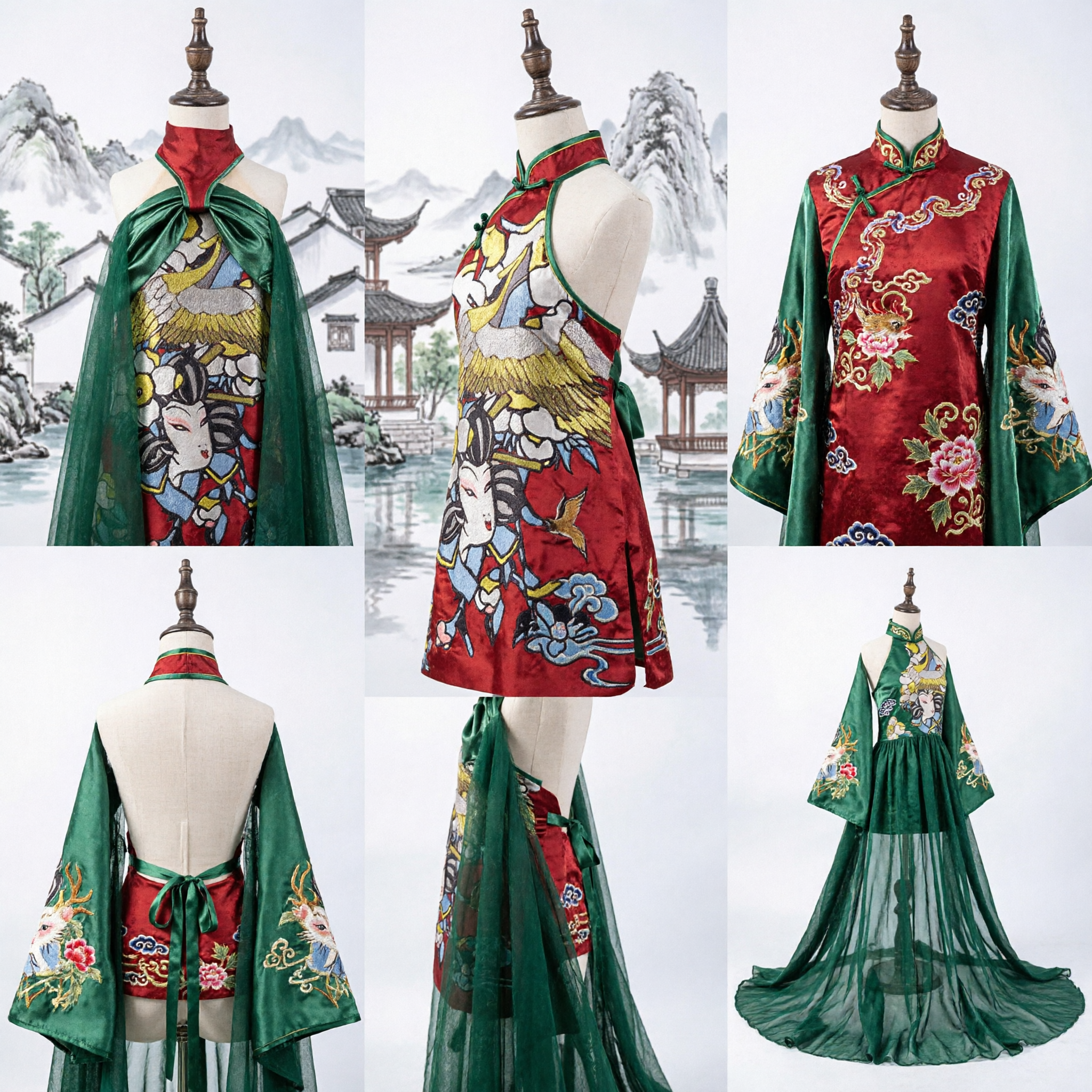 Elegant Traditional Chinese Qipao Dress with Green Sheer Cape and Classical Crane Print for Women - Asian Costume
