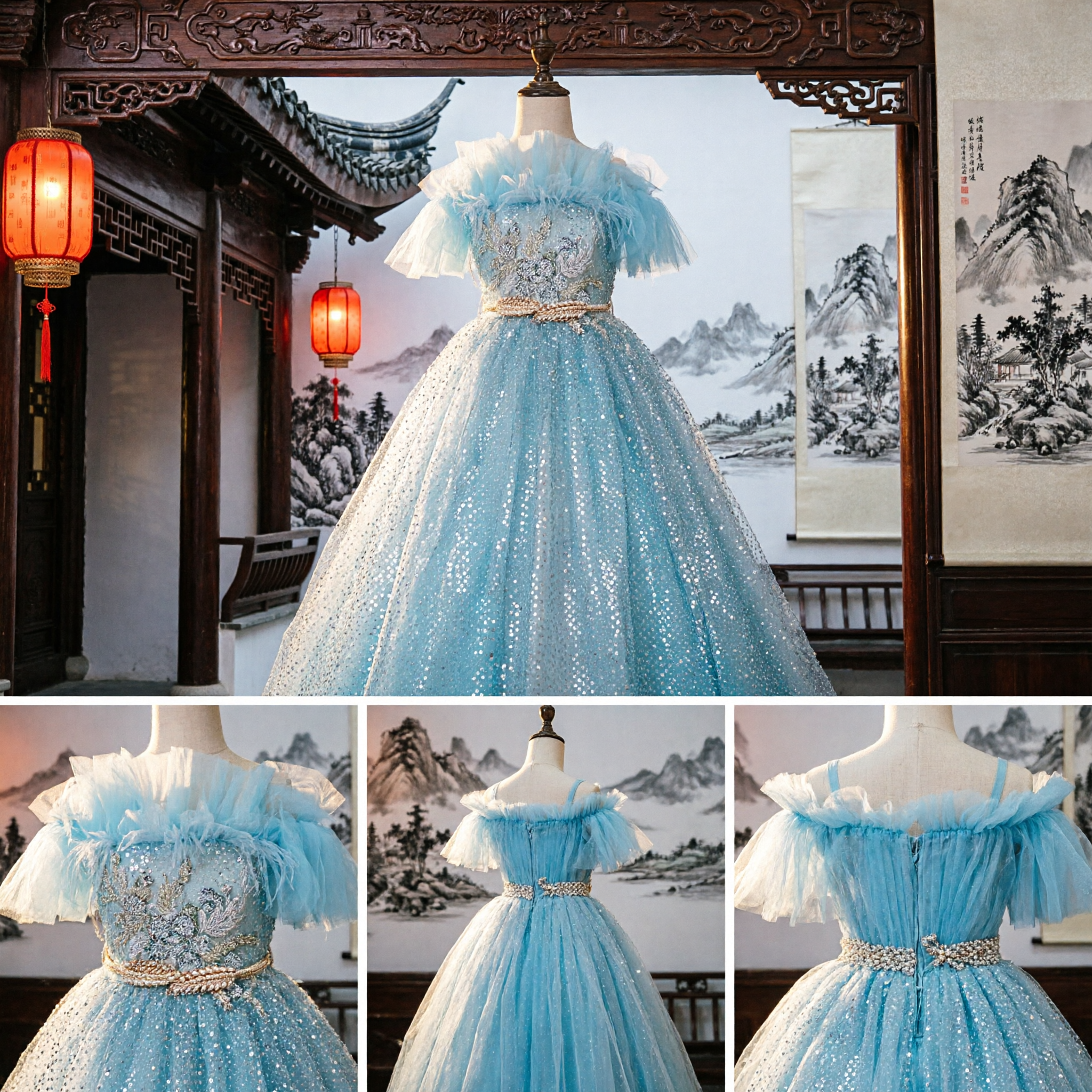 Elegant Light Blue Sequin Ball Gown Off-Shoulder Tulle Dress for Girls Wedding Party Pageant Performance Costume - Asian Costume