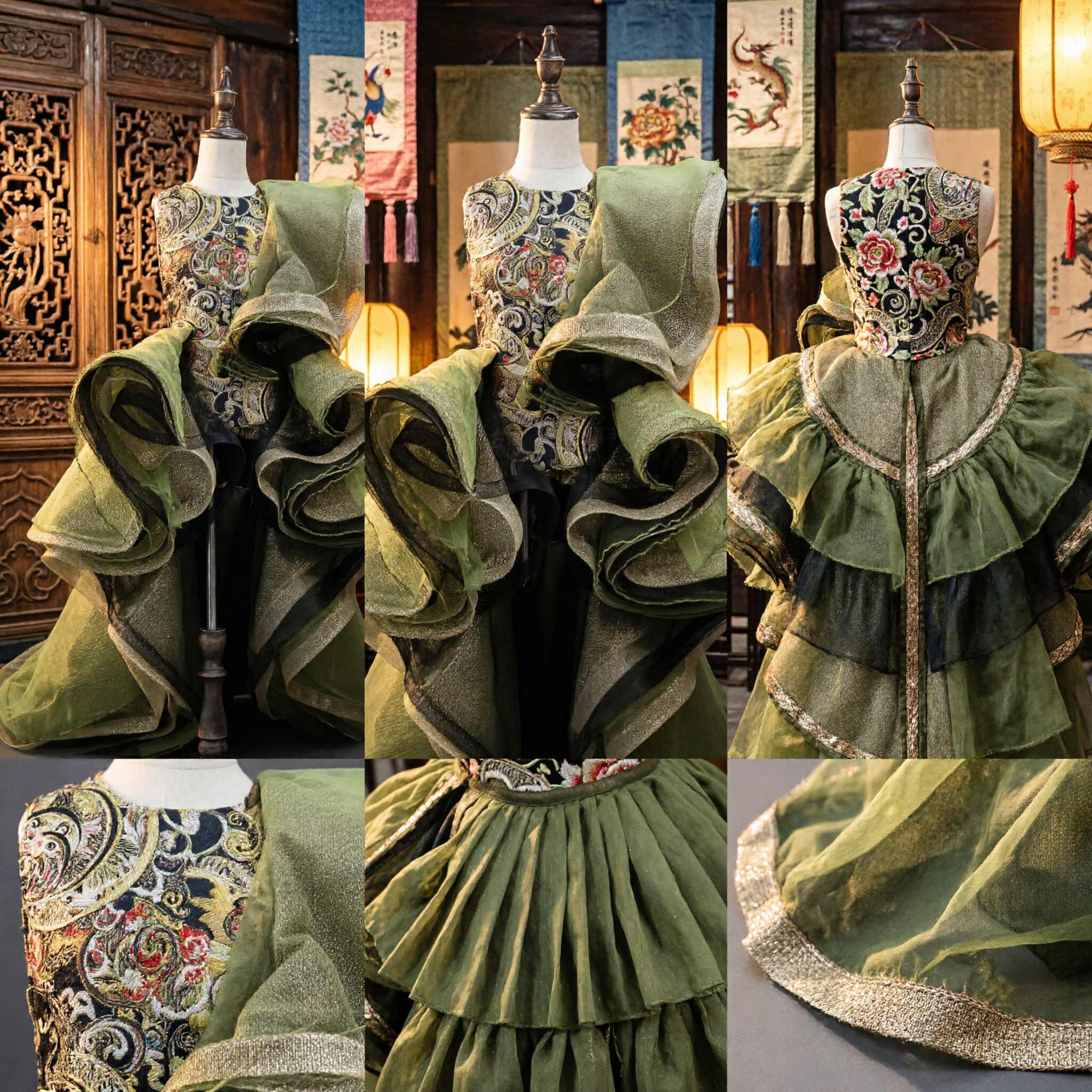 Elegant Olive Green Victorian Style Ruffled Skirt with Gold Paisley Bodice for Women's Stage Performance - Asian Costume