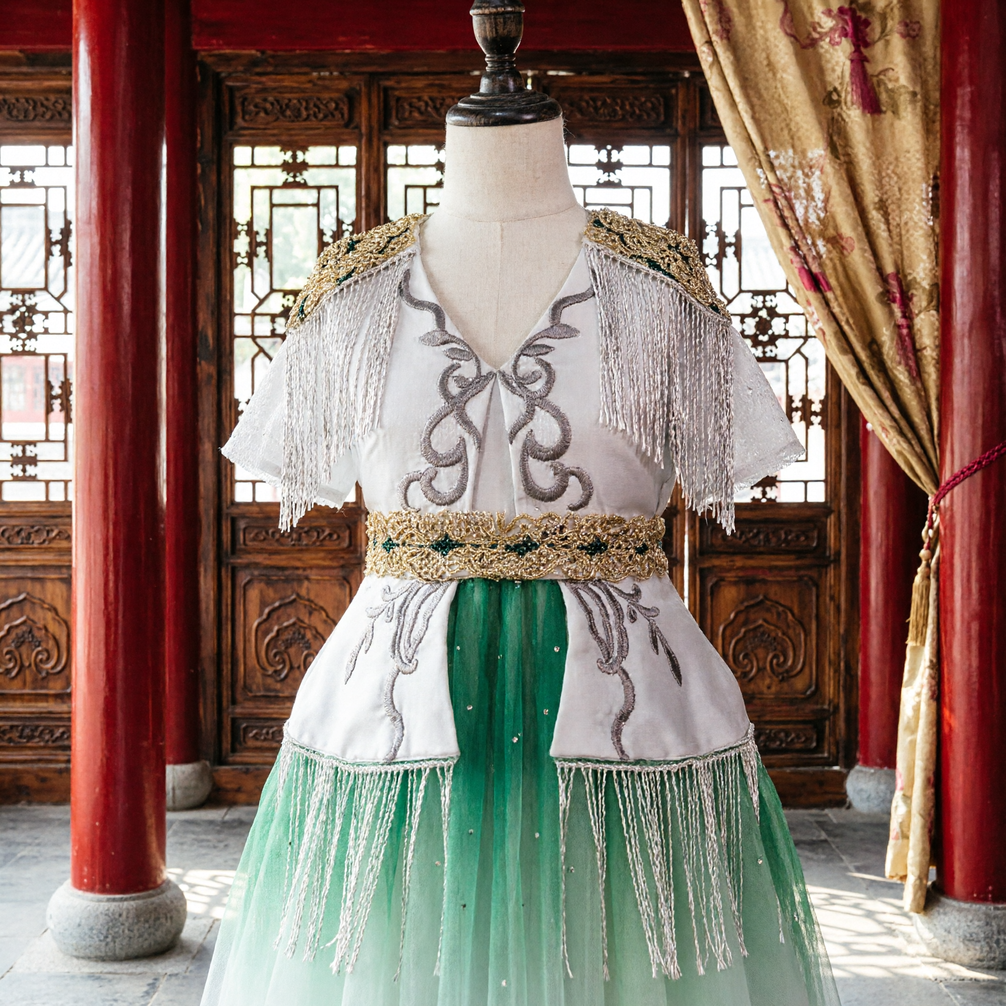 Elegant Green to White Gradient Performance Gown with Silver Fringe and Gold Trim for Stage Dance - Asian Costume