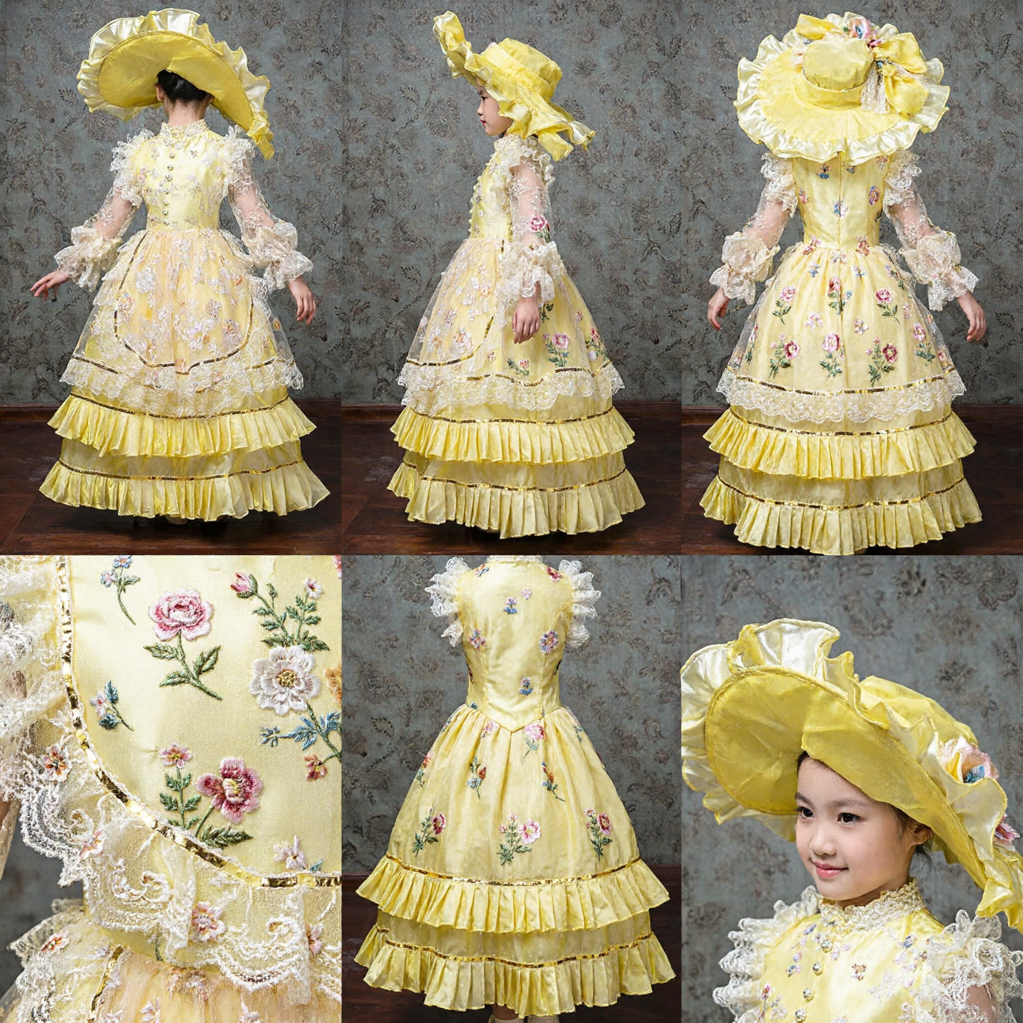 Elegant Yellow Victorian Rococo Princess Dress for Girls with Large Hat Historical Stage Costume - Asian Costume