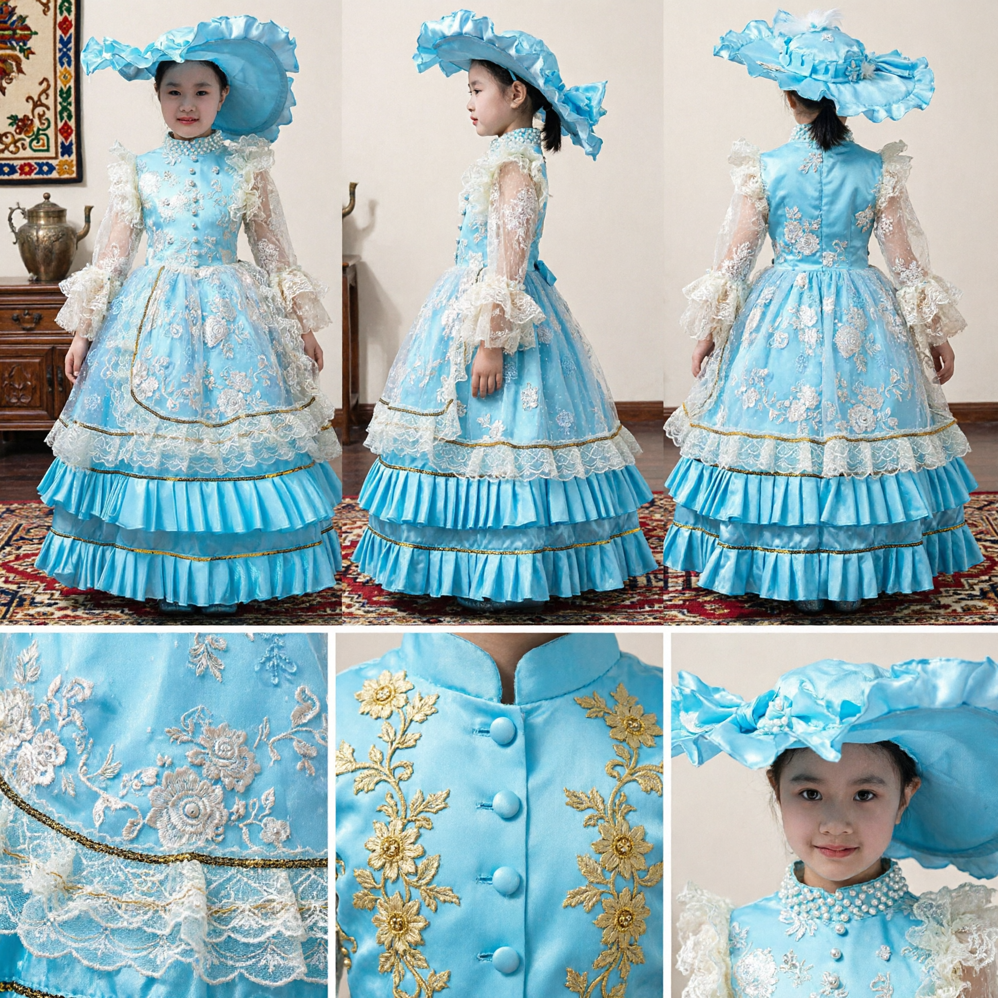 Girls Blue Victorian Princess Ball Gown with Lace Sleeves and Matching Hat for Stage Performance - Asian Costume