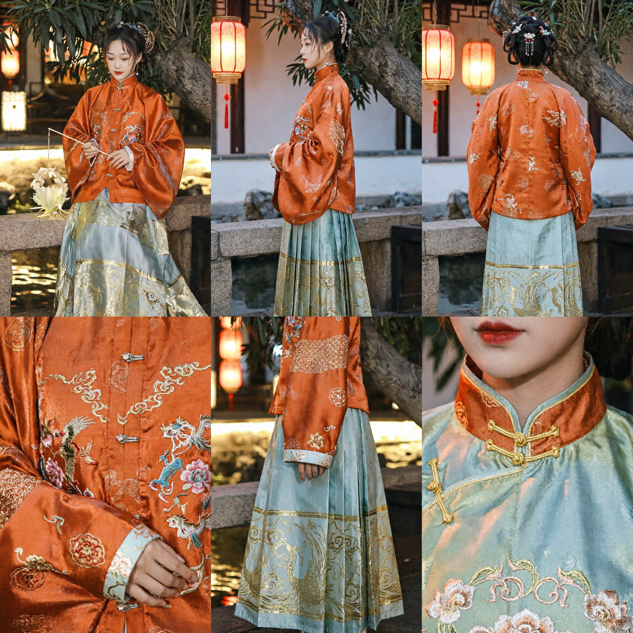 Elegant Ming Dynasty Hanfu Orange Embroidered Jacket and Blue Gold Pattern Skirt Traditional Chinese Clothing - Asian Costume