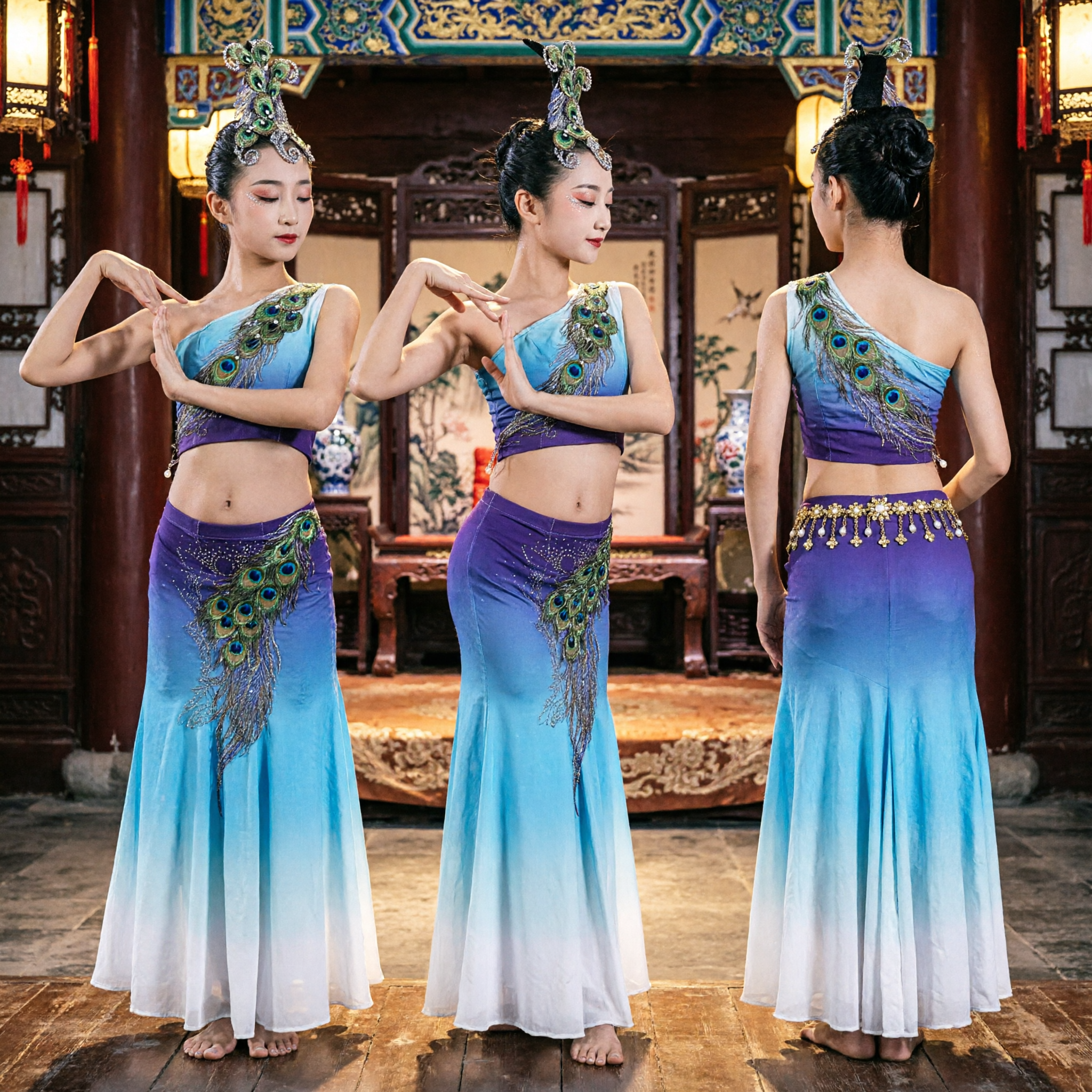 Traditional Chinese Dai Peacock Dance Costume Blue Gradient Stage Performance Dress for Women - Asian Costume