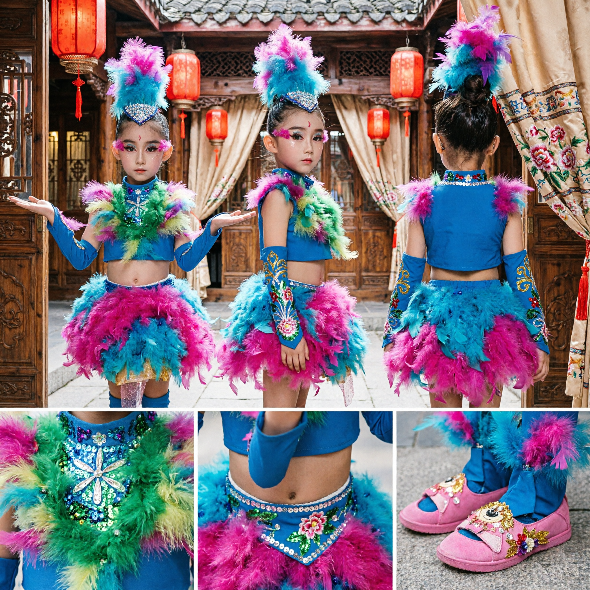 Girls Brazilian Samba Carnival Dance Costume Feather Skirt Top Headdress Set Kids Stage Performance Outfit - Asian Costume