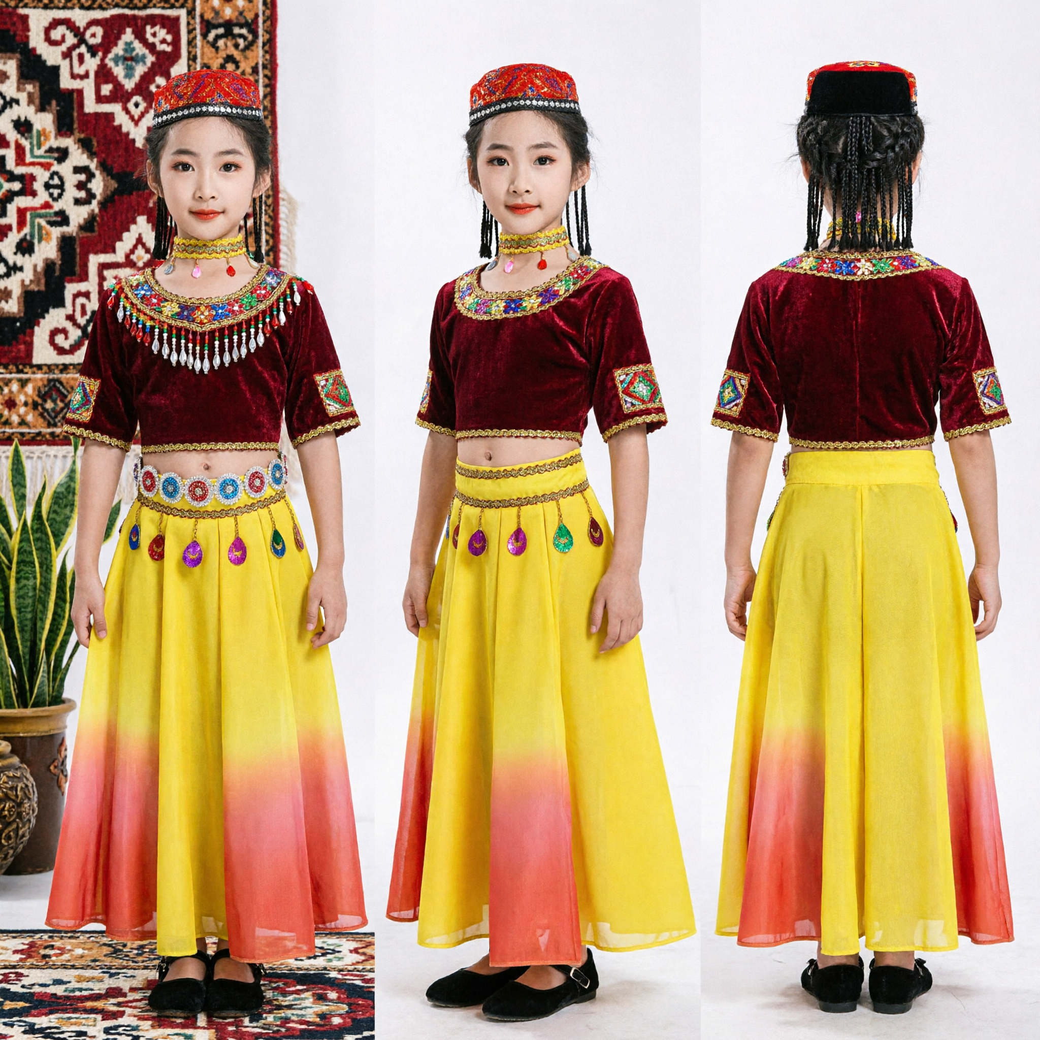 Girls Xinjiang Dance Costume Traditional Uyghur Folk Dress Kids Stage Performance Outfit Yellow Skirt - Asian Costume