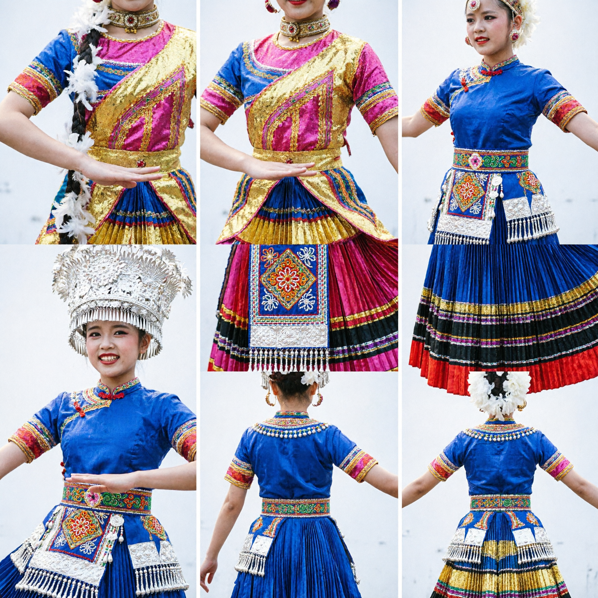 Vibrant Chinese Traditional Ethnic Dance Costume for Women Stage Performance Folk Dress with Floral Headpiece - Asian Costume