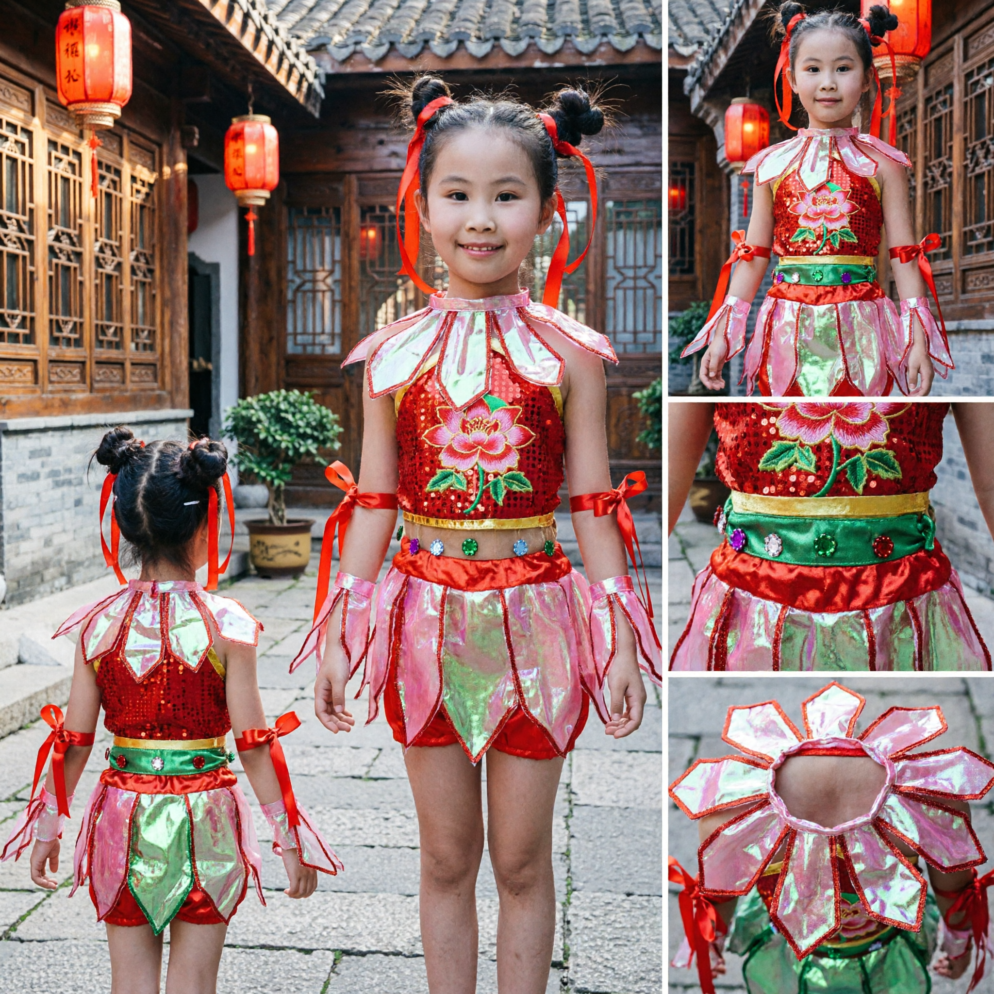 Kids Red Lotus Flower Chinese Folk Dance Costume Girls Stage Performance Dress Traditional Outfit - Asian Costume