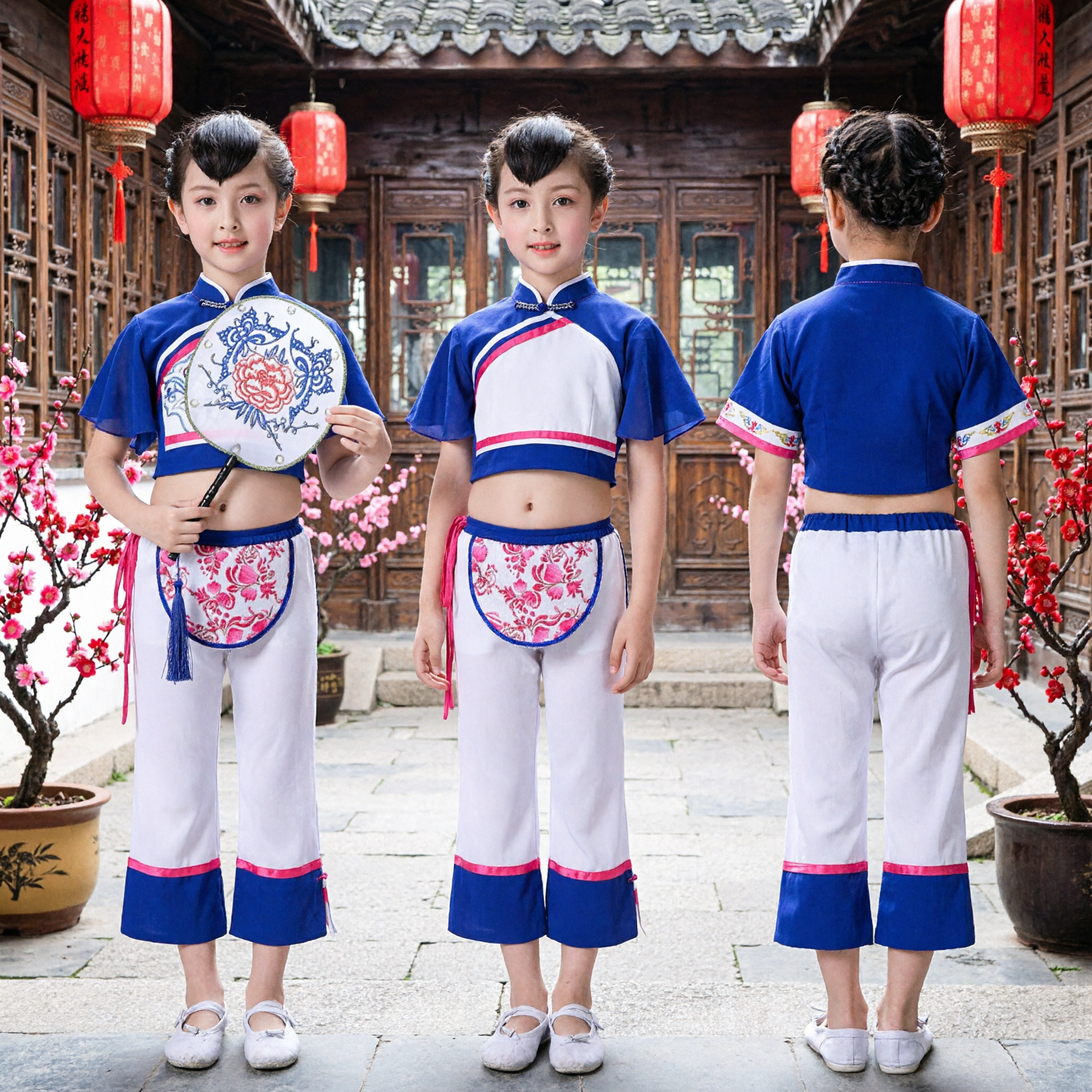 Kids Chinese Traditional Folk Dance Costume Blue Embroidered Top White Pants Stage Performance Set - Asian Costume
