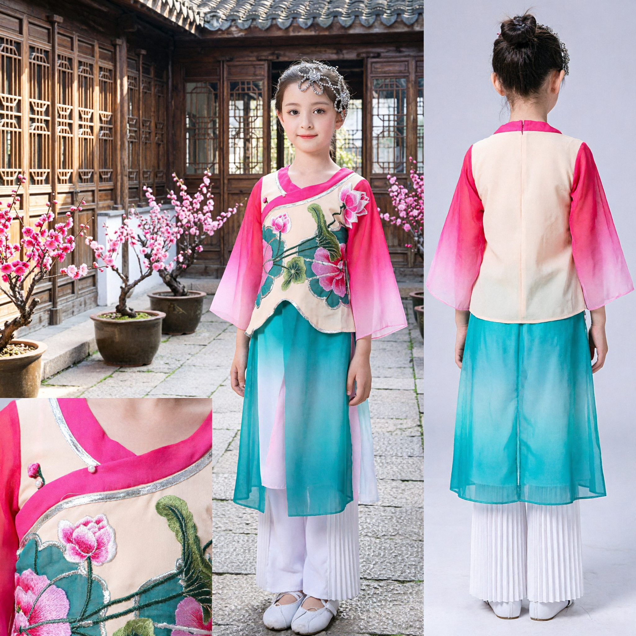 Traditional Chinese Classical Dance Costume for Girls Kids Lotus Print Stage Performance Folk Dress Outfit - Asian Costume