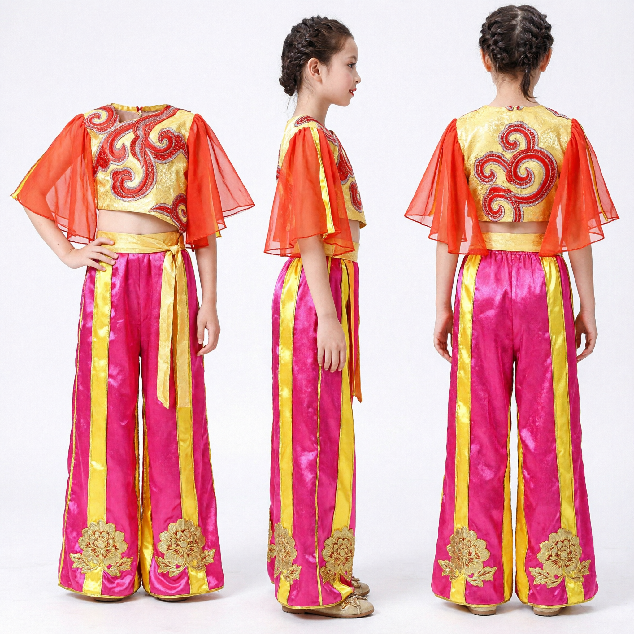 Kids Chinese Traditional Folk Dance Costume Red and Gold Yangge Performance Outfit for Girls Stage Show - Asian Costume