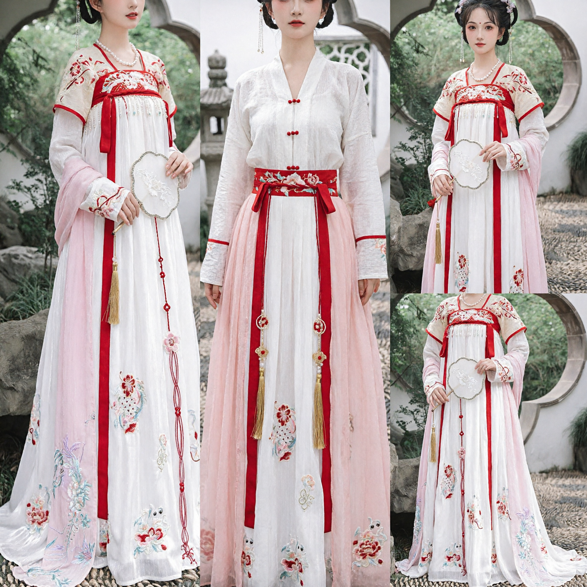 Elegant Traditional Chinese Tang Dynasty Hanfu Dress White and Pink Embroidered Ancient Costume for Women - Asian Costume